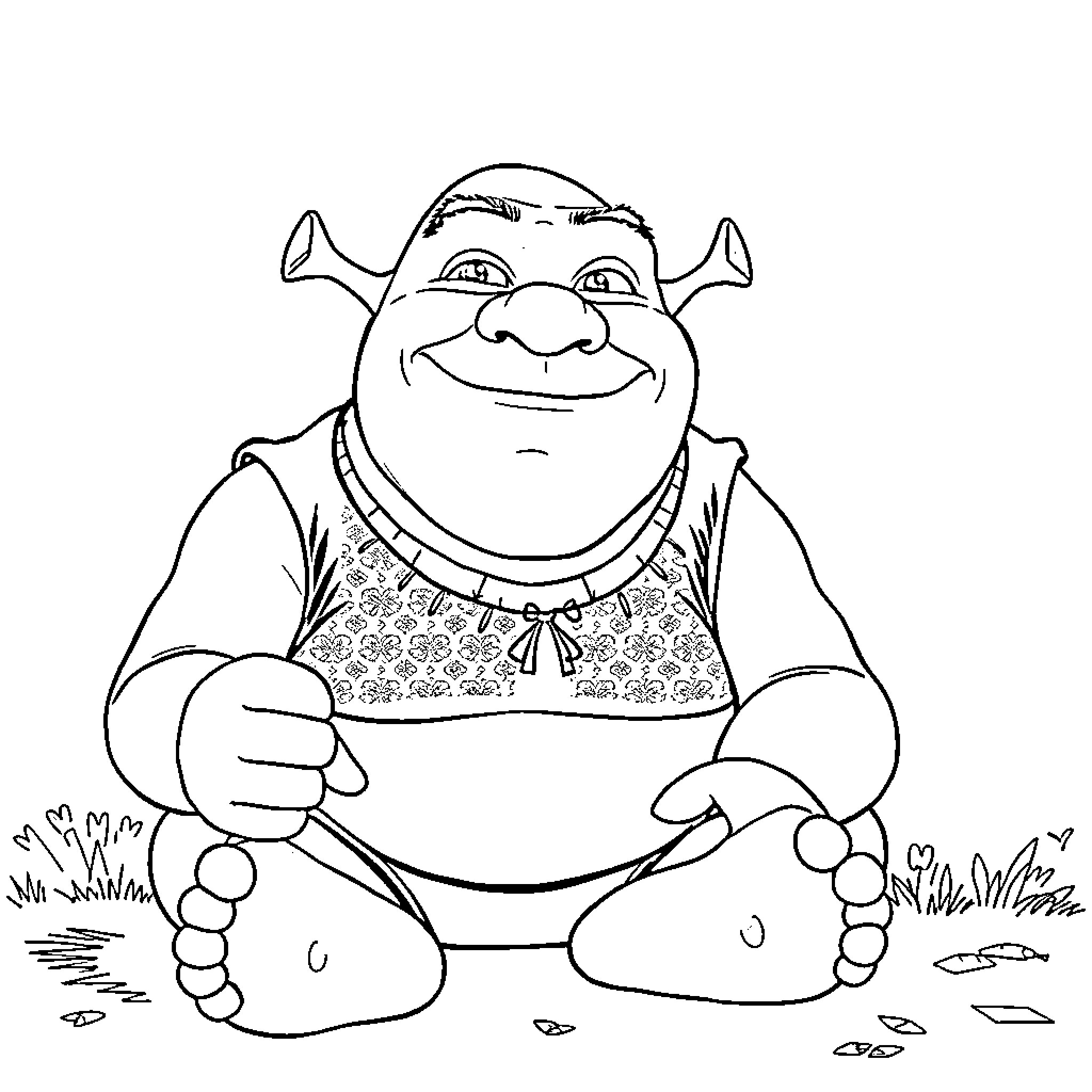 Shrek relaxing in the field with a happy expression Coloring Page (free black-and-white line drawing printable PDF for all, from beginners to advanced learners, including children, teens, adults, and seniors)