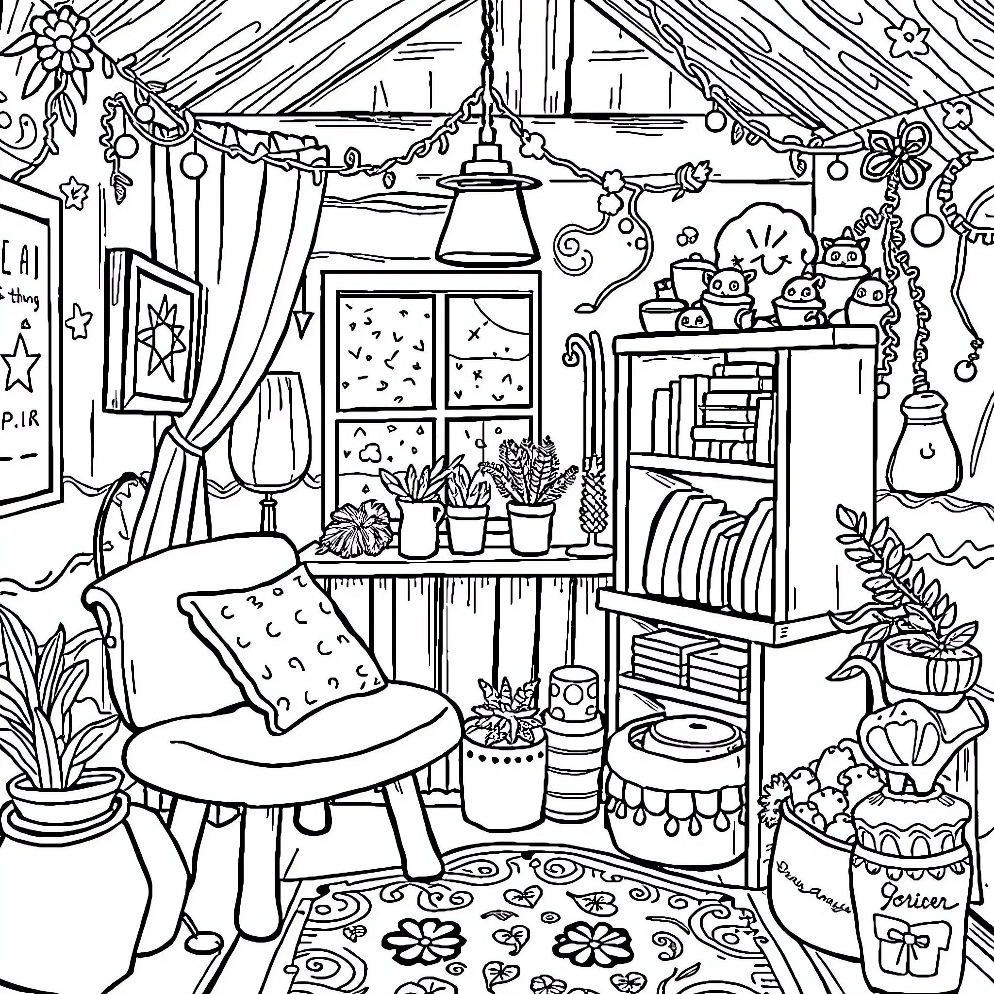 Trouble in the Cozy Cottage Coloring Page (free black-and-white line drawing printable PDF for all, from beginners to advanced learners, including children, teens, adults, and seniors)