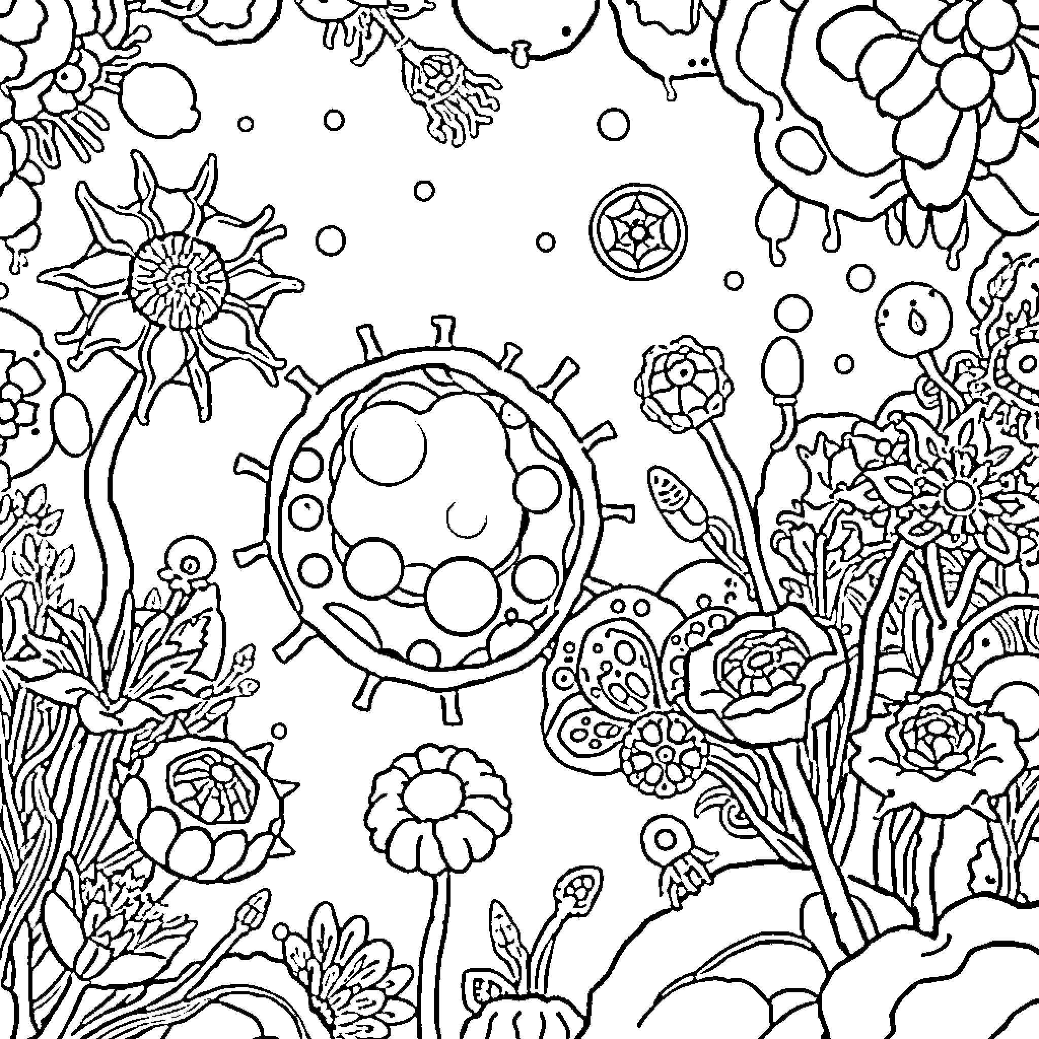 Cell Life in Nature's Intricate Tapestry Coloring Page (free black-and-white line drawing printable PDF for all, from beginners to advanced learners, including children, teens, adults, and seniors)