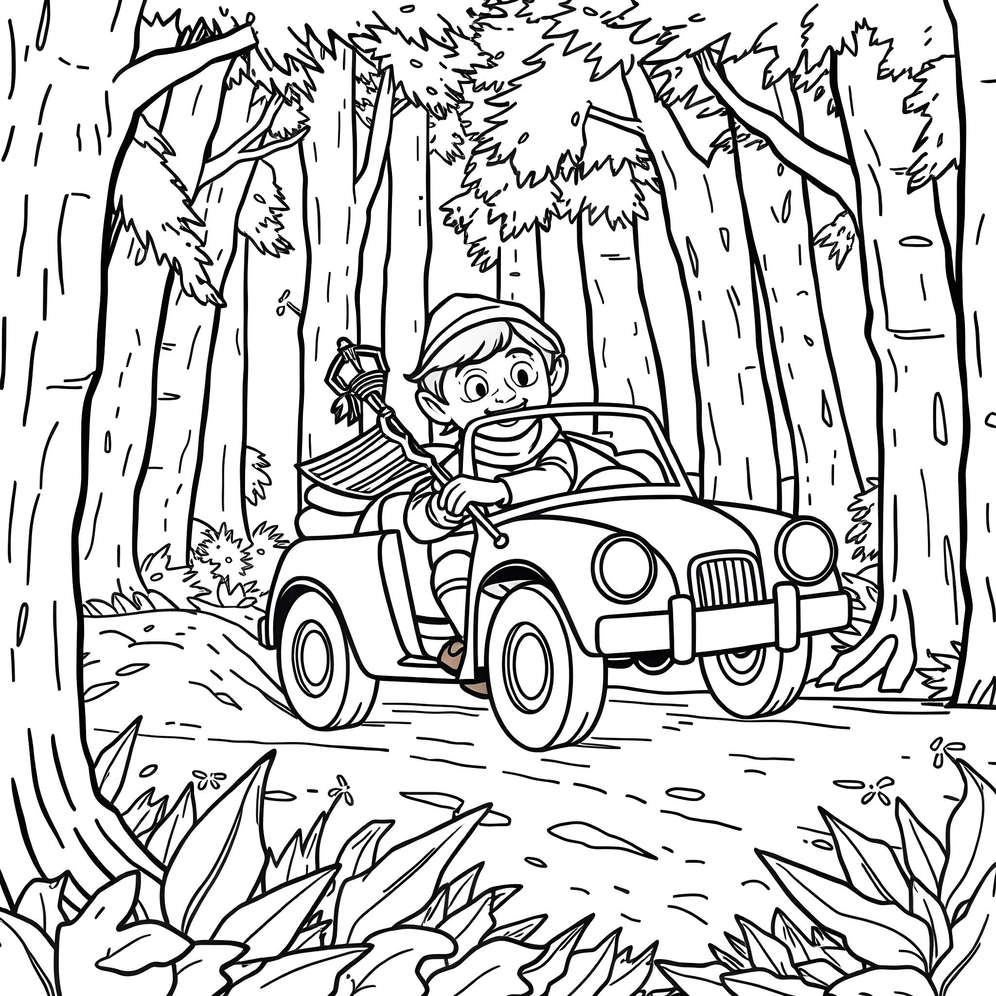 Robin Hood riding a car through the forest Coloring Page (free black-and-white line drawing printable PDF for all, from beginners to advanced learners, including children, teens, adults, and seniors)