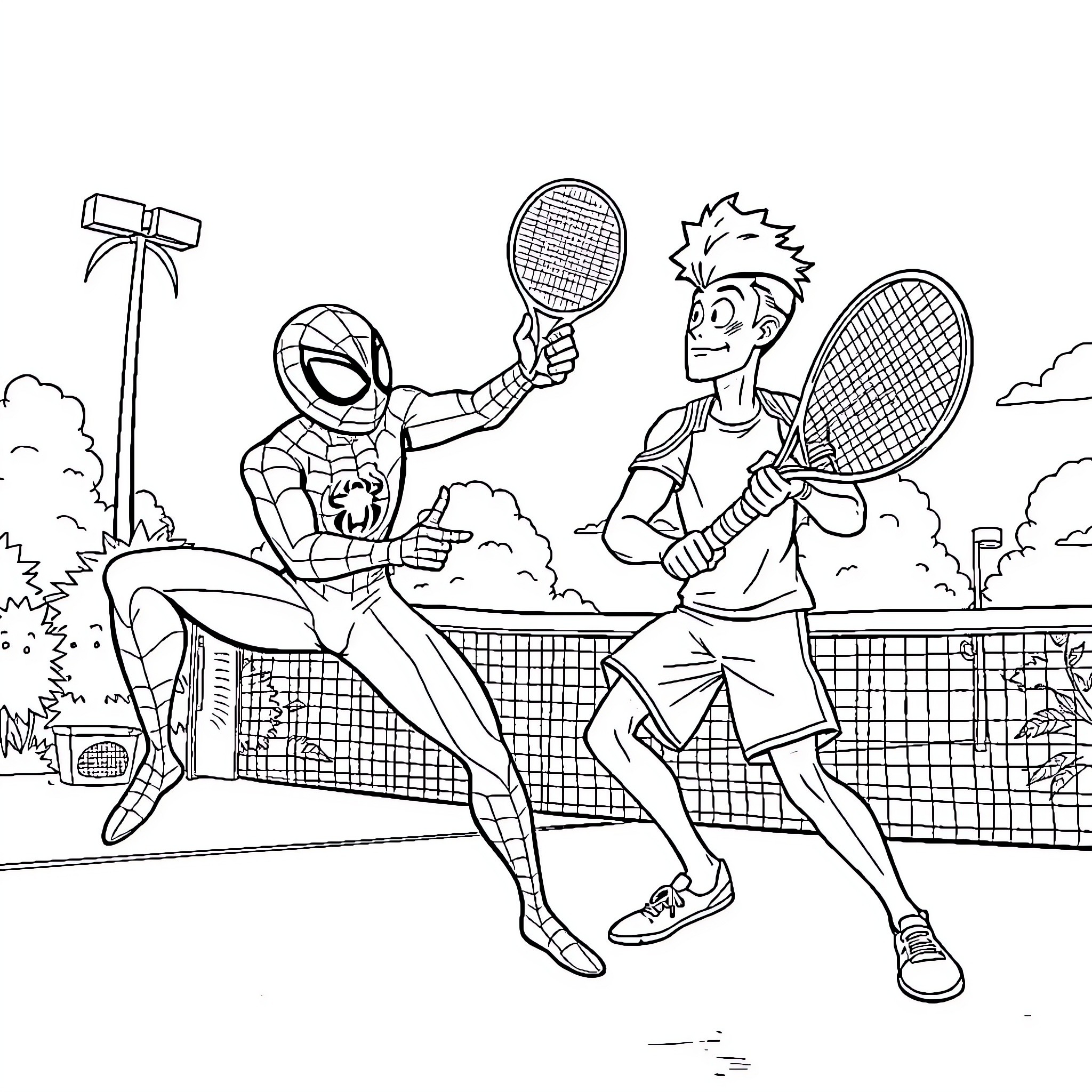 Spider-Man playing tennis with a friend on the court Coloring Page (free black-and-white line drawing printable PDF for all, from beginners to advanced learners, including children, teens, adults, and seniors)