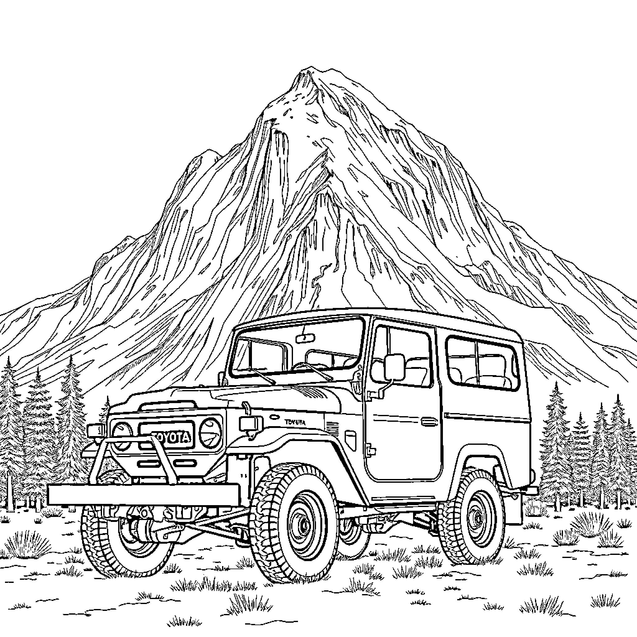 Toyota Land Cruiser off-road adventure in the mountains Coloring Page (free black-and-white line drawing printable PDF for all, from beginners to advanced learners, including children, teens, adults, and seniors)