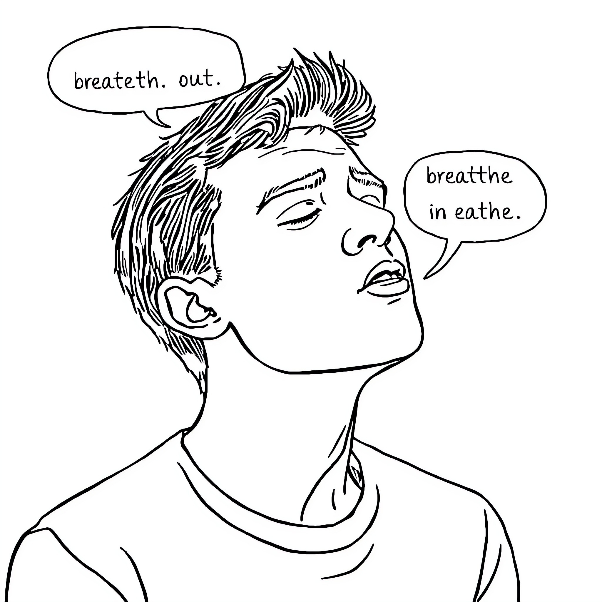 Adult expressing frustration or difficulty breathing Coloring Page (free black-and-white line drawing printable PDF for all, from beginners to advanced learners, including children, teens, adults, and seniors)