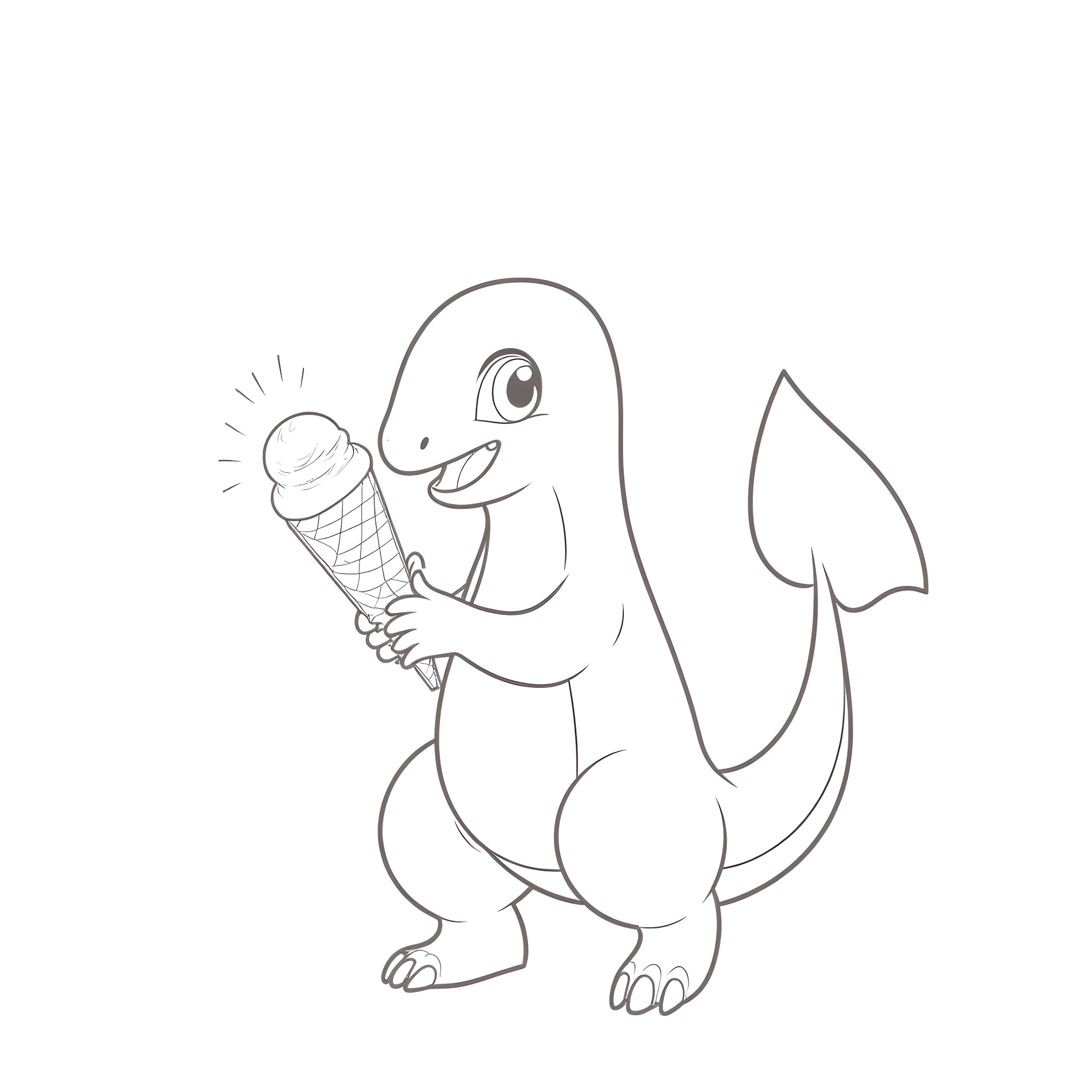 Charmander enjoying an ice cream cone Coloring Page (free black-and-white line drawing printable PDF for all, from beginners to advanced learners, including children, teens, adults, and seniors)