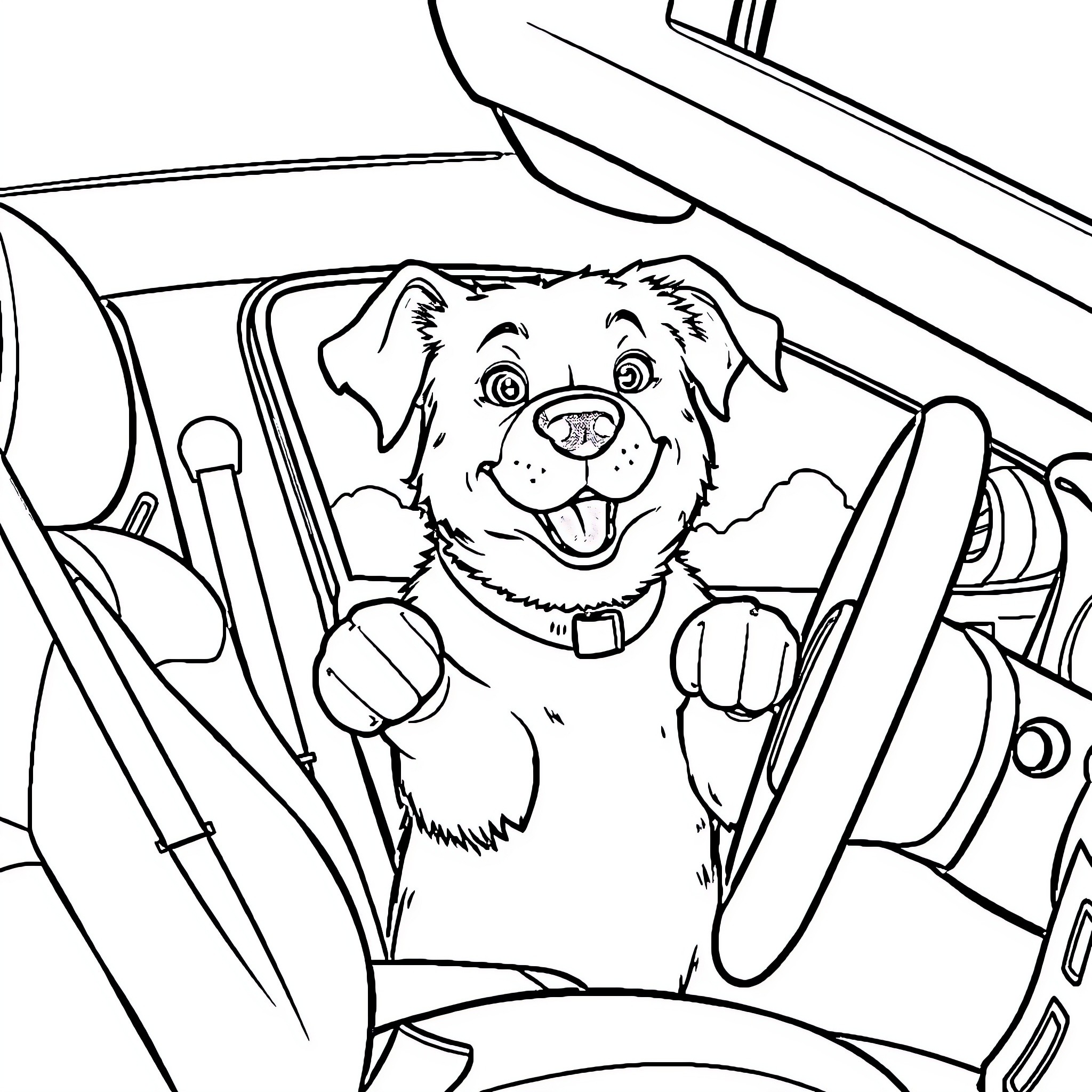 Dog enjoying a joyful ride in the car Coloring Page (free black-and-white line drawing printable PDF for all, from beginners to advanced learners, including children, teens, adults, and seniors)