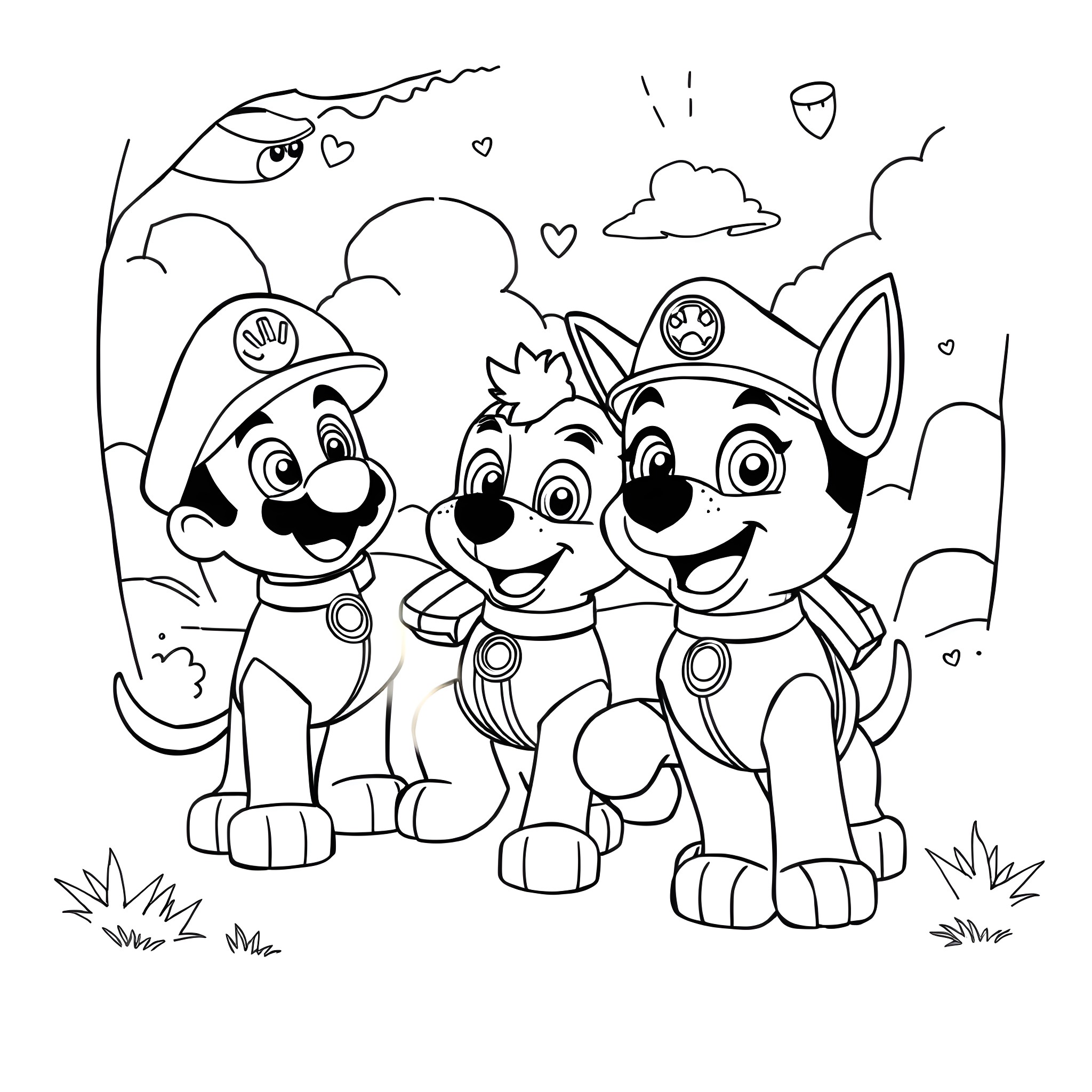 Paw Patrol characters in an outdoor scene Coloring Page (free black-and-white line drawing printable PDF for all, from beginners to advanced learners, including children, teens, adults, and seniors)