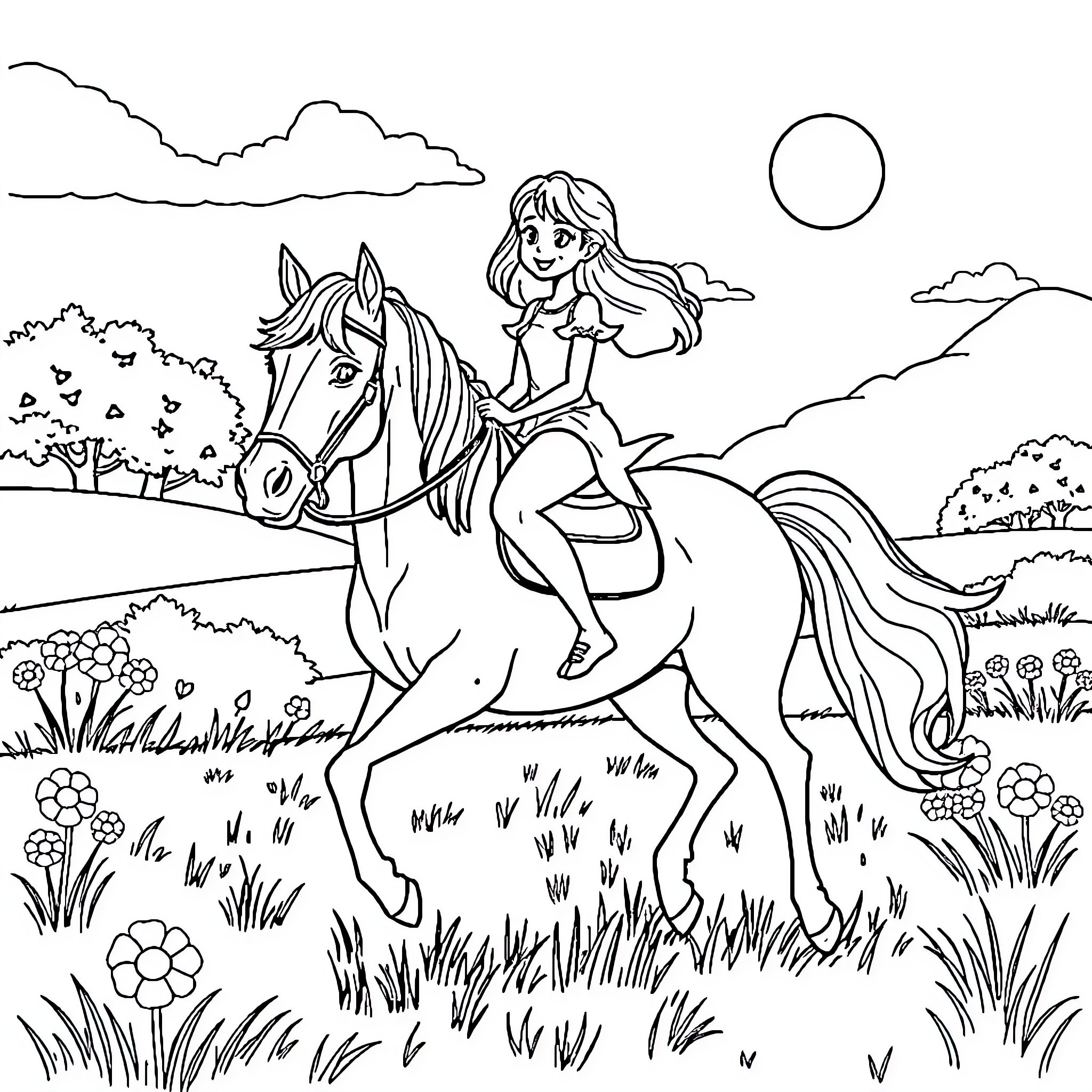 Daisy enjoys horseback riding adventure in nature Coloring Page (free black-and-white line drawing printable PDF for all, from beginners to advanced learners, including children, teens, adults, and seniors)
