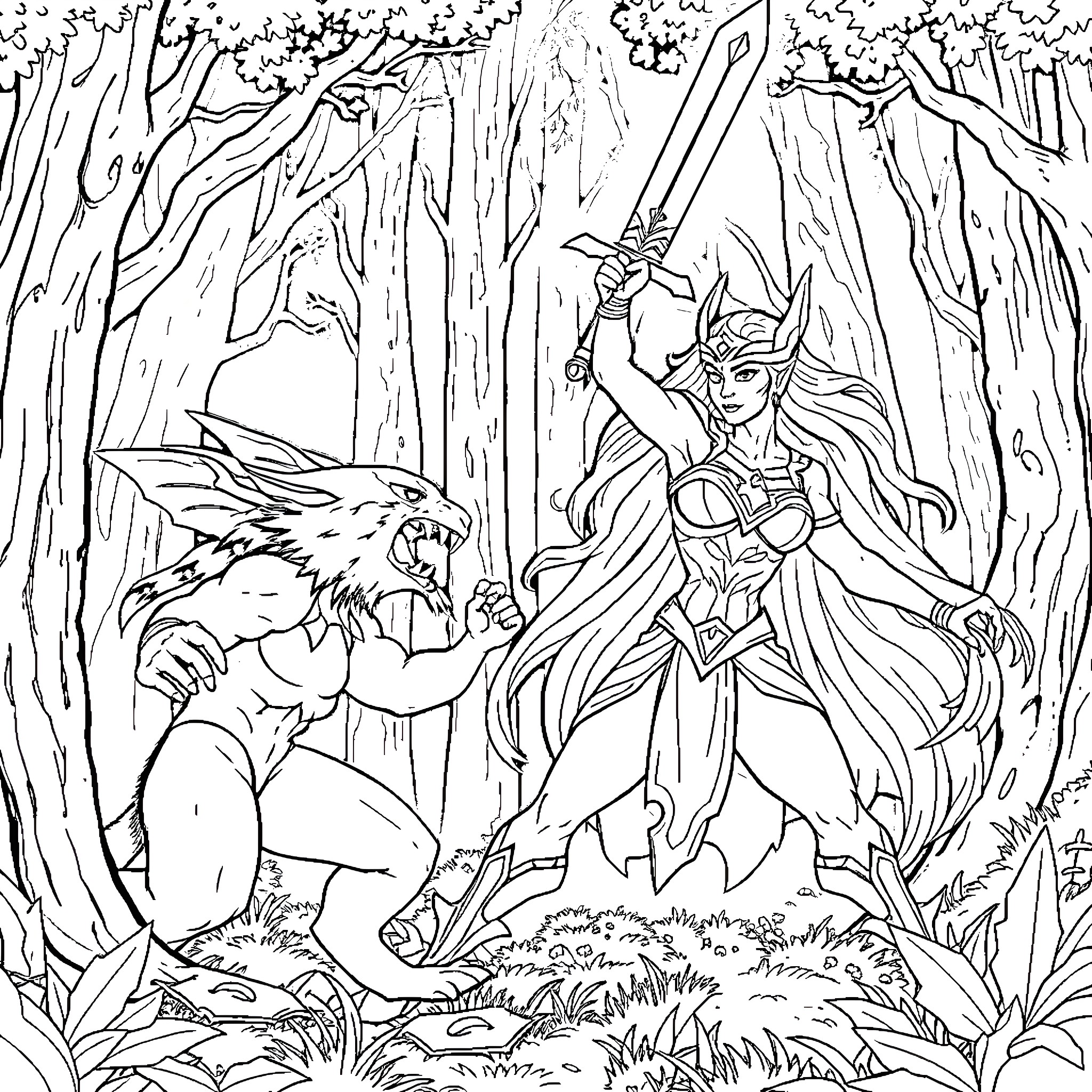 She-Ra battling a fierce beast in the enchanted forest Coloring Page (free black-and-white line drawing printable PDF for all, from beginners to advanced learners, including children, teens, adults, and seniors)