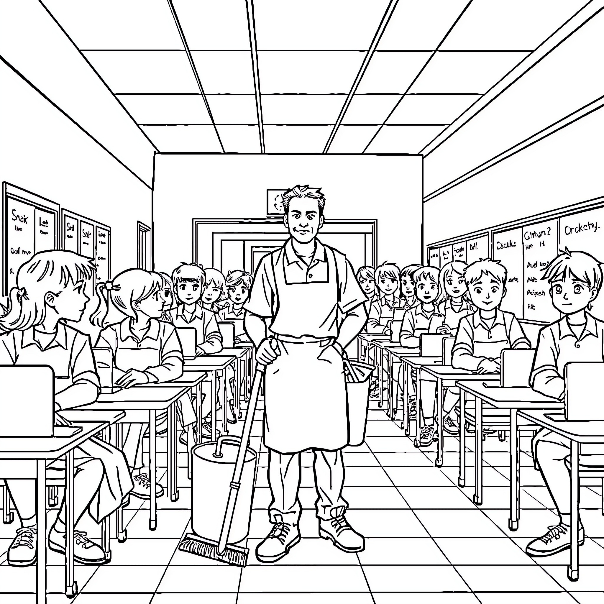 Cleaner tidying up classroom after school Coloring Page (free black-and-white line drawing printable PDF for all, from beginners to advanced learners, including children, teens, adults, and seniors)