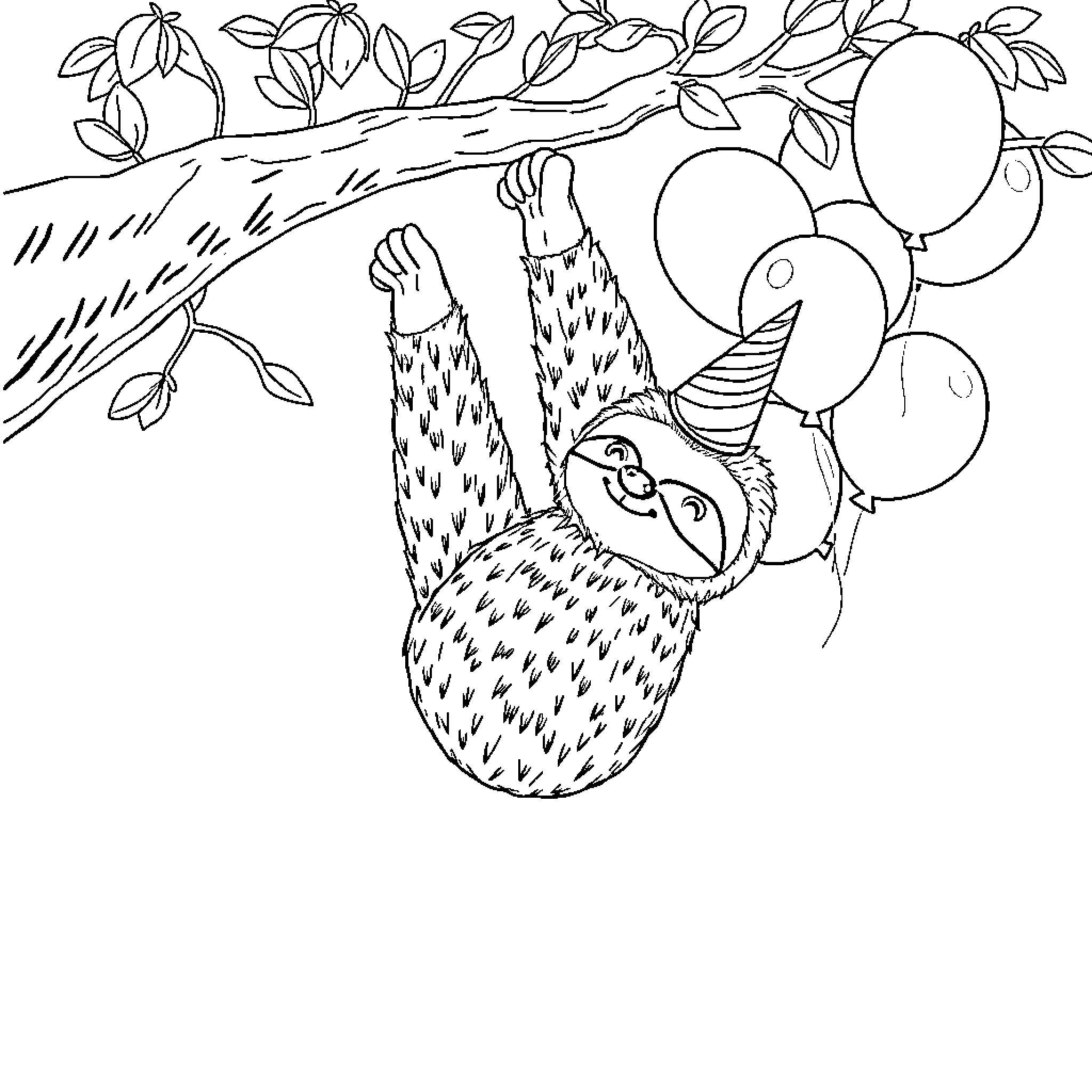 Sloth hanging playfully on tree branch Coloring Page (free black-and-white line drawing printable PDF for all, from beginners to advanced learners, including children, teens, adults, and seniors)