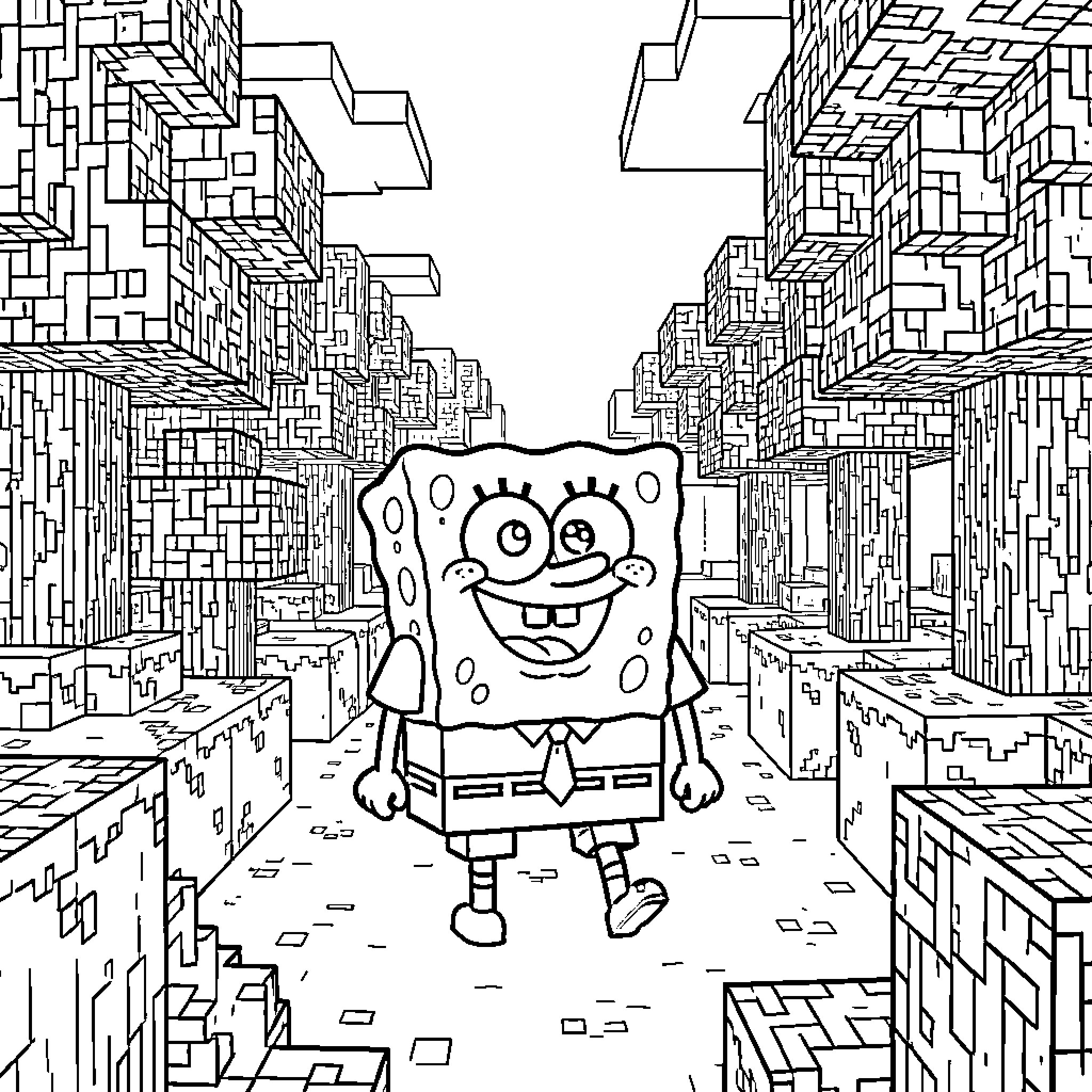 Spongebob walking happily through a blocky landscape Coloring Page (free black-and-white line drawing printable PDF for all, from beginners to advanced learners, including children, teens, adults, and seniors)