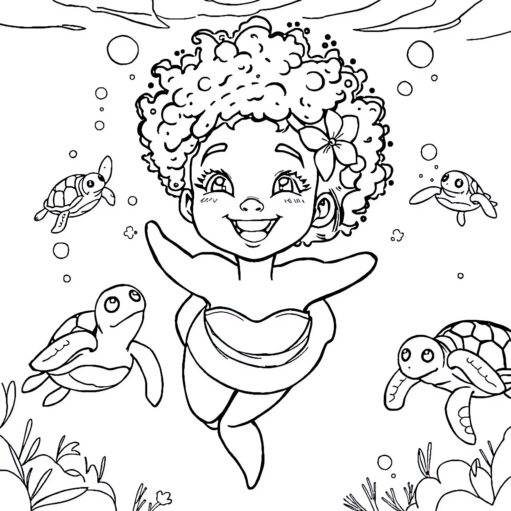 Girl swimming happily with sea creatures Coloring Page (free black-and-white line drawing printable PDF for all, from beginners to advanced learners, including children, teens, adults, and seniors)