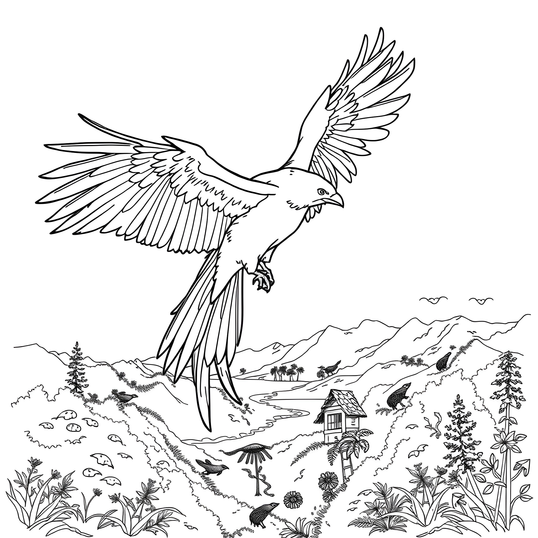 Thunderbird soaring over a mountain landscape Coloring Page (free black-and-white line drawing printable PDF for all, from beginners to advanced learners, including children, teens, adults, and seniors)