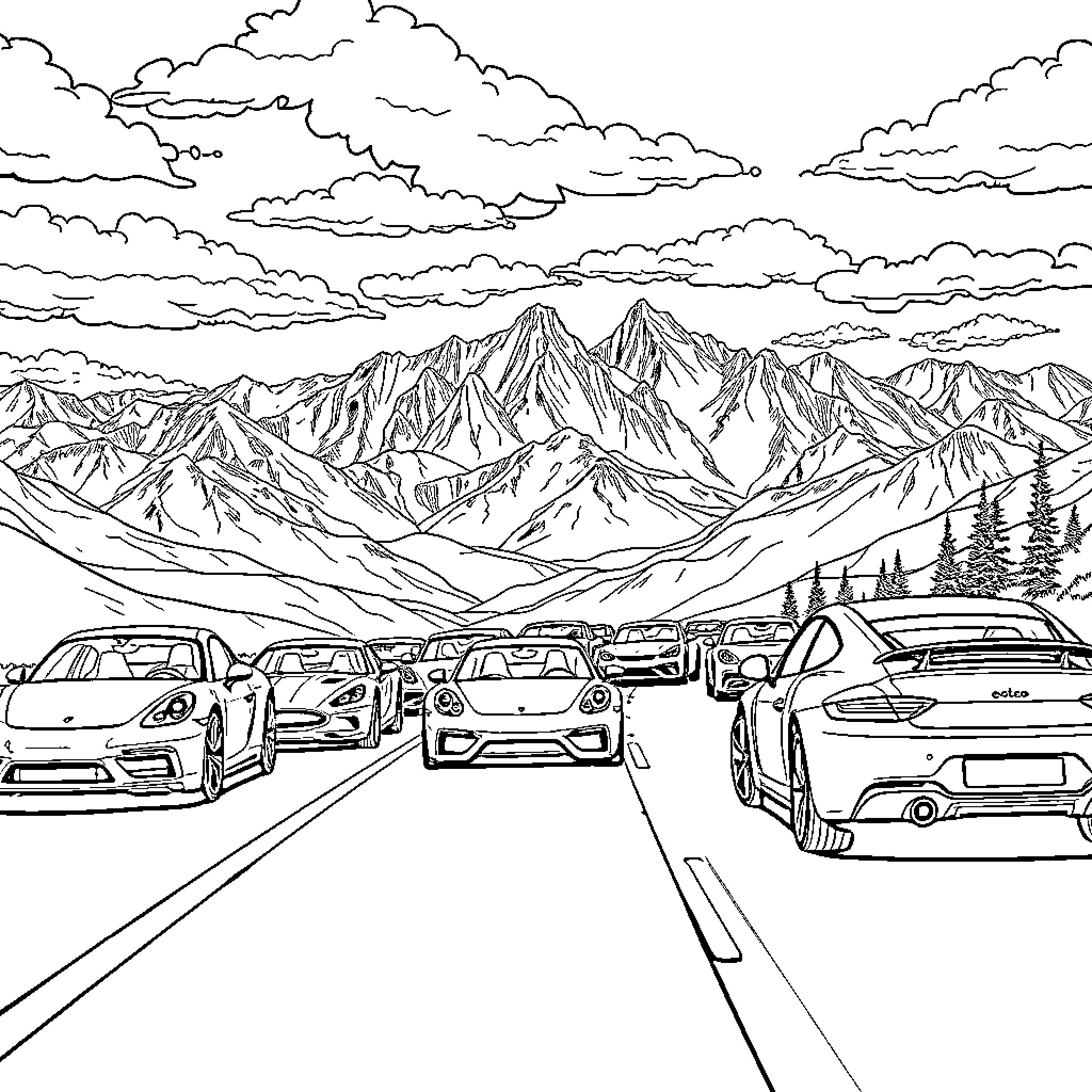 Cars driving through scenic mountain landscape Coloring Page (free black-and-white line drawing printable PDF for all, from beginners to advanced learners, including children, teens, adults, and seniors)