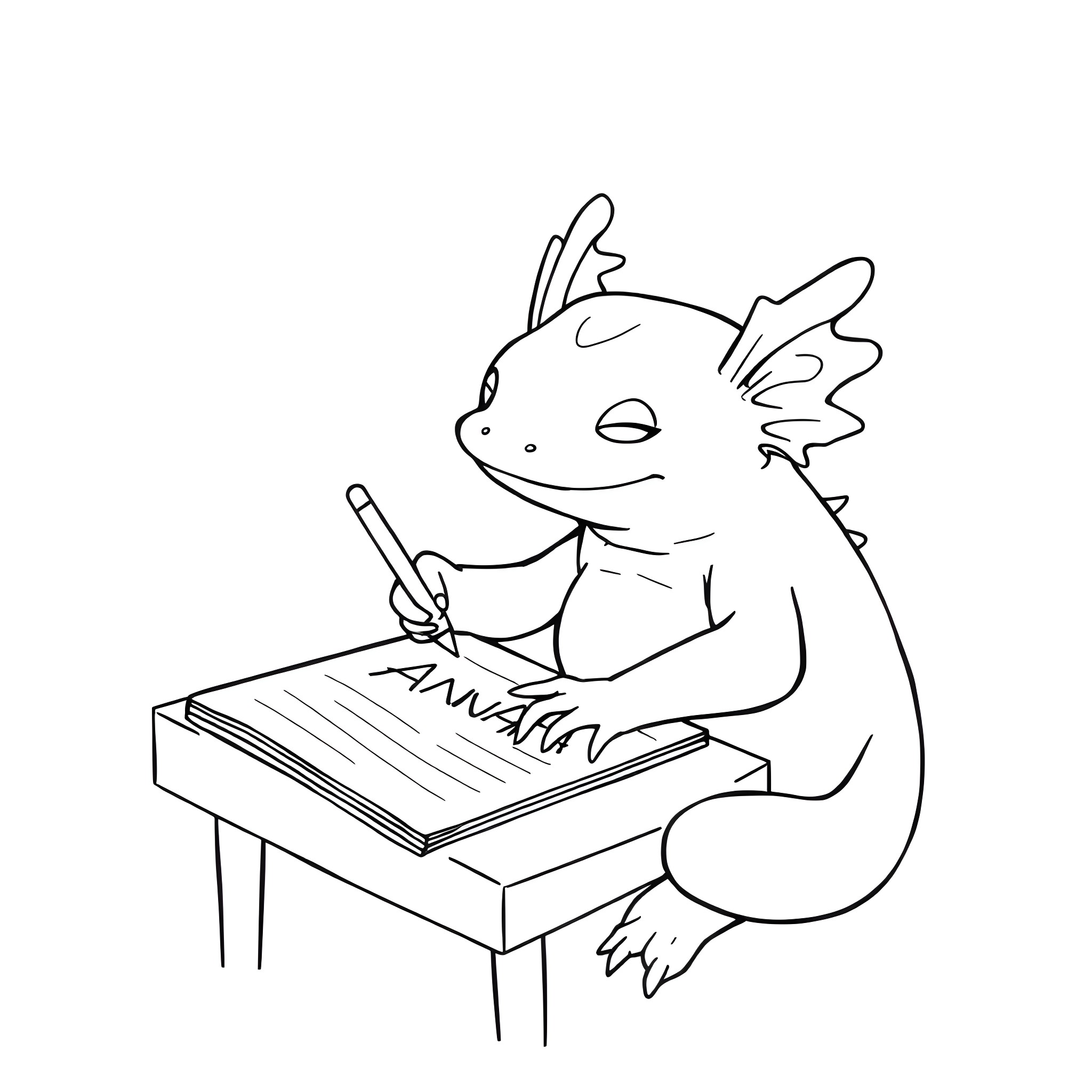Axolotl writing on a book Coloring Page (free black-and-white line drawing printable PDF for all, from beginners to advanced learners, including children, teens, adults, and seniors)