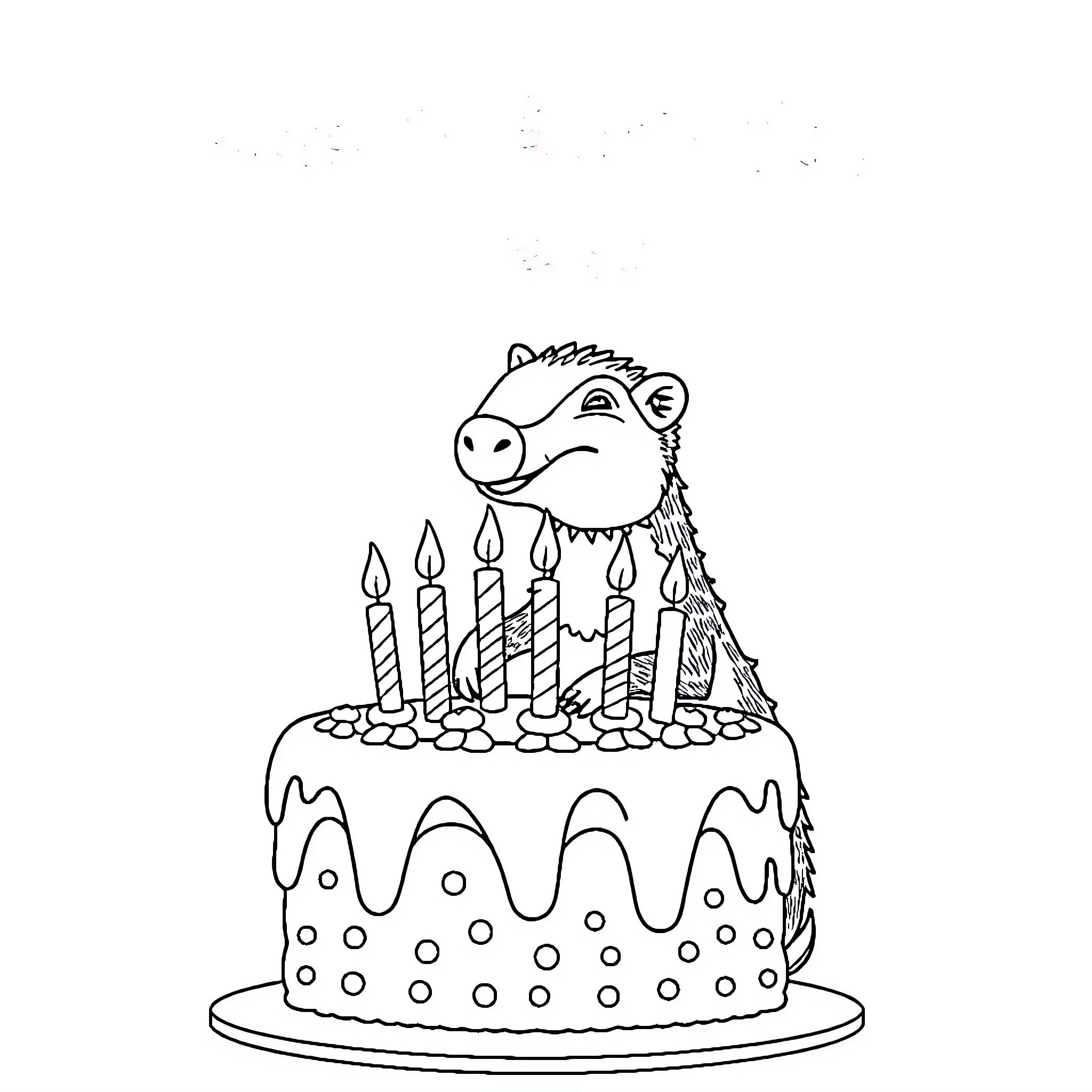 Anteater Celebrating with Birthday Cake Coloring Page (free black-and-white line drawing printable PDF for all, from beginners to advanced learners, including children, teens, adults, and seniors)