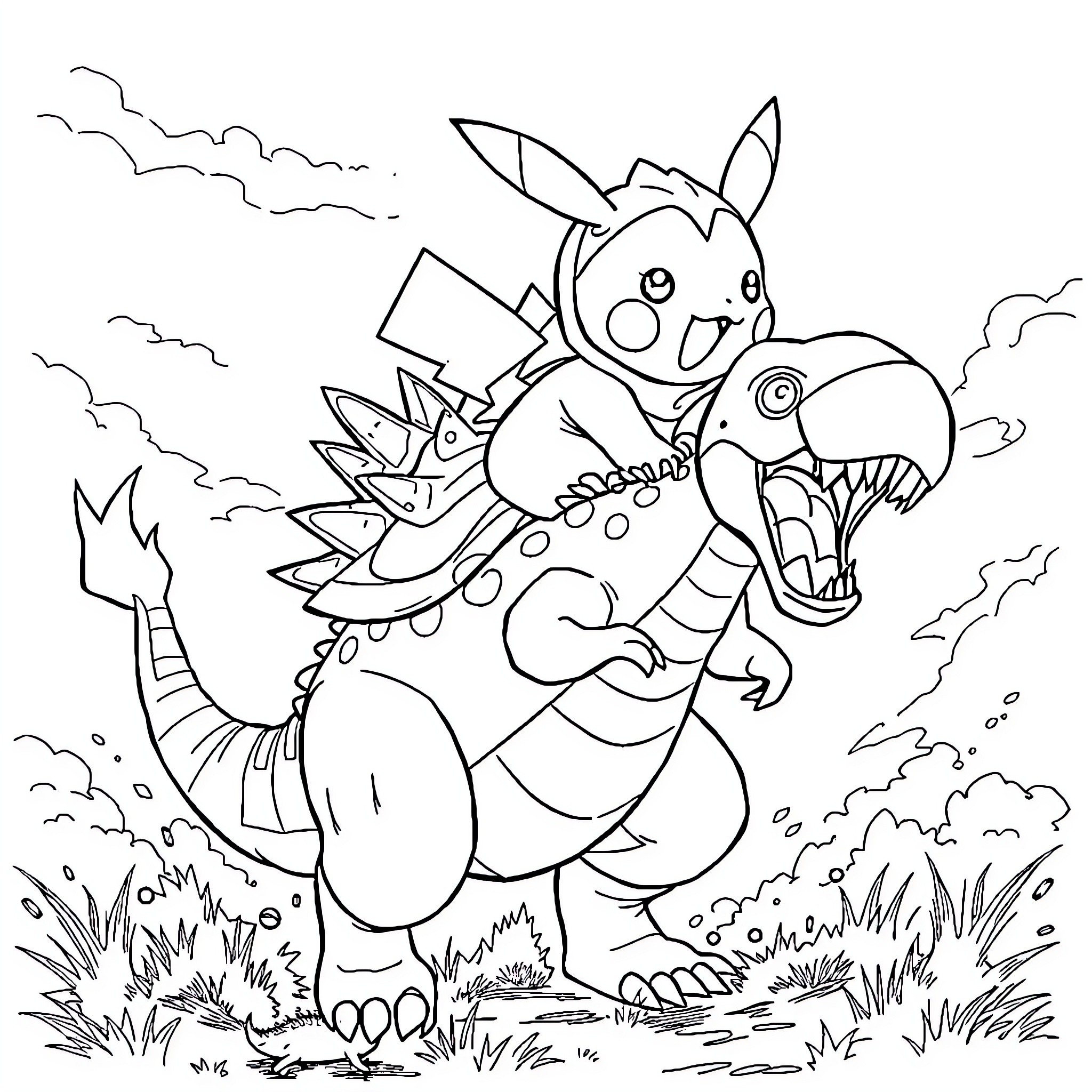 Pikachu battling a fierce Dragon-type Pokemon Coloring Page (free black-and-white line drawing printable PDF for all, from beginners to advanced learners, including children, teens, adults, and seniors)