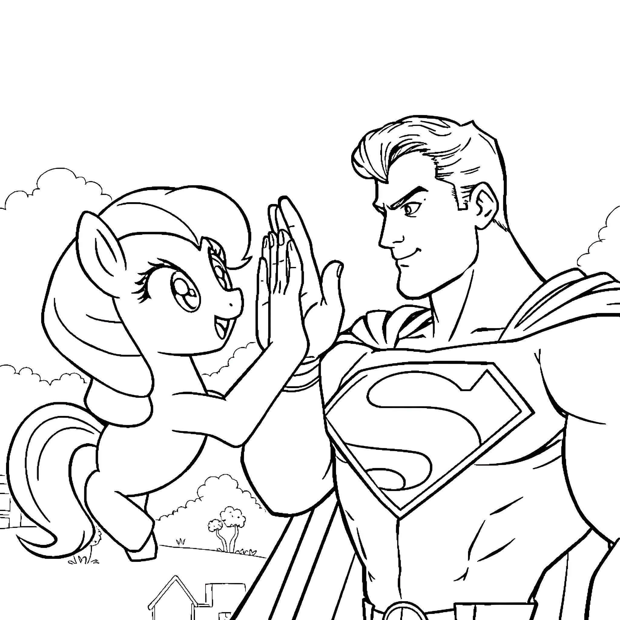 Superman saving a distressed citizen Coloring Page (free black-and-white line drawing printable PDF for all, from beginners to advanced learners, including children, teens, adults, and seniors)