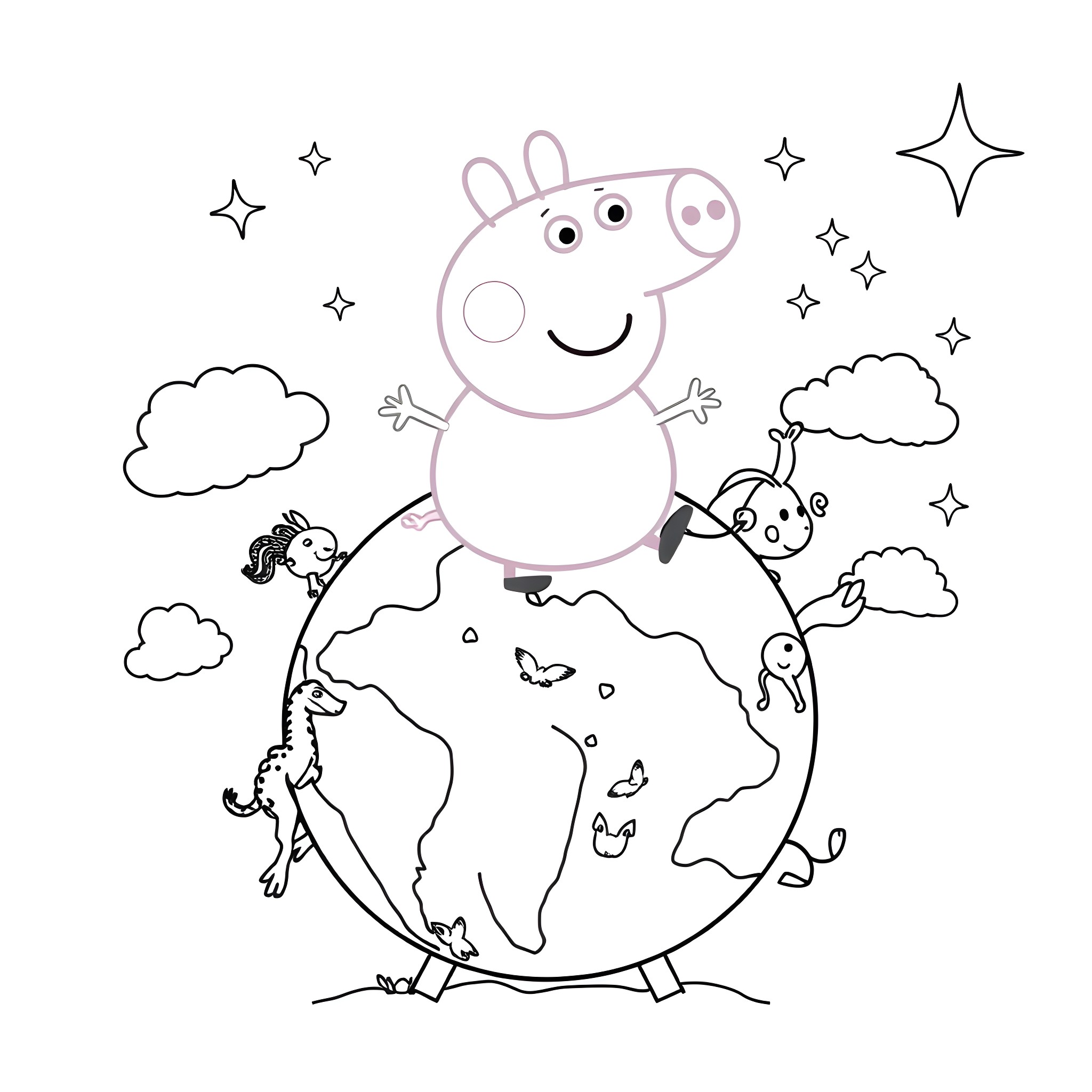 Peppa Pig exploring the world with friends Coloring Page (free black-and-white line drawing printable PDF for all, from beginners to advanced learners, including children, teens, adults, and seniors)
