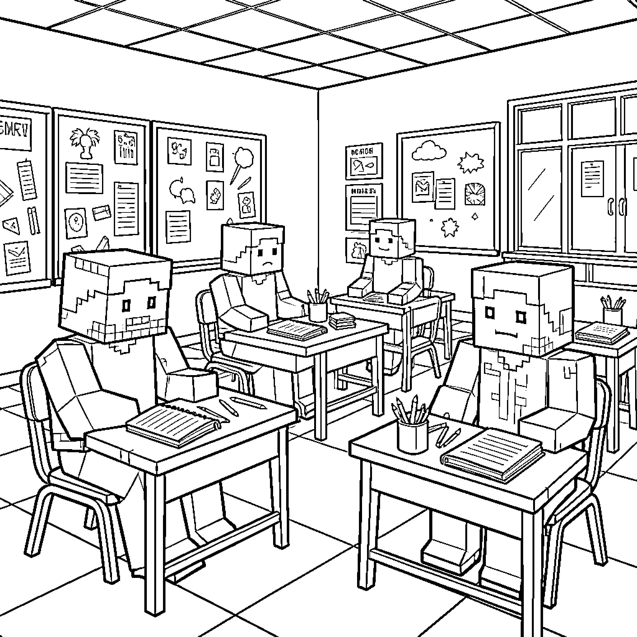 Minecraft Characters in a Classroom Setting Coloring Page (free black-and-white line drawing printable PDF for all, from beginners to advanced learners, including children, teens, adults, and seniors)