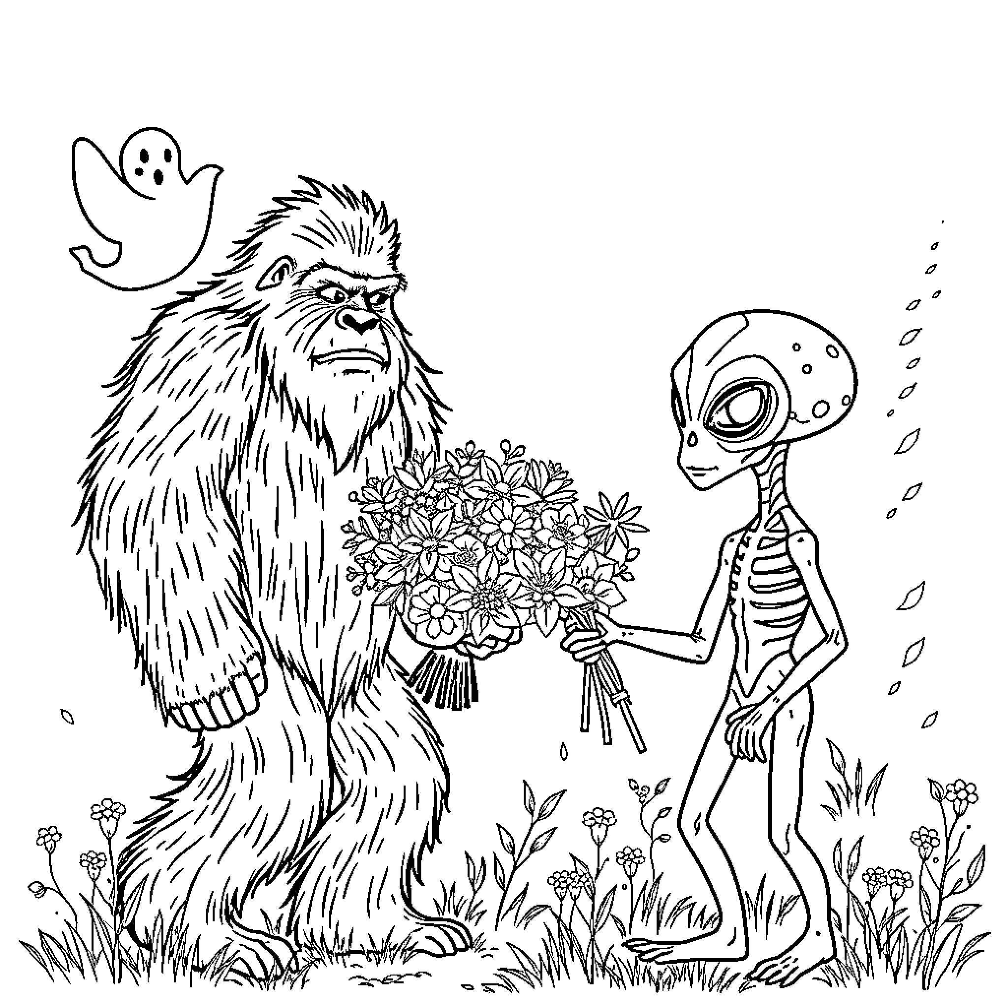 Ghost Bigfoot Gifting Flowers to Alien Coloring Page (free black-and-white line drawing printable PDF for all, from beginners to advanced learners, including children, teens, adults, and seniors)