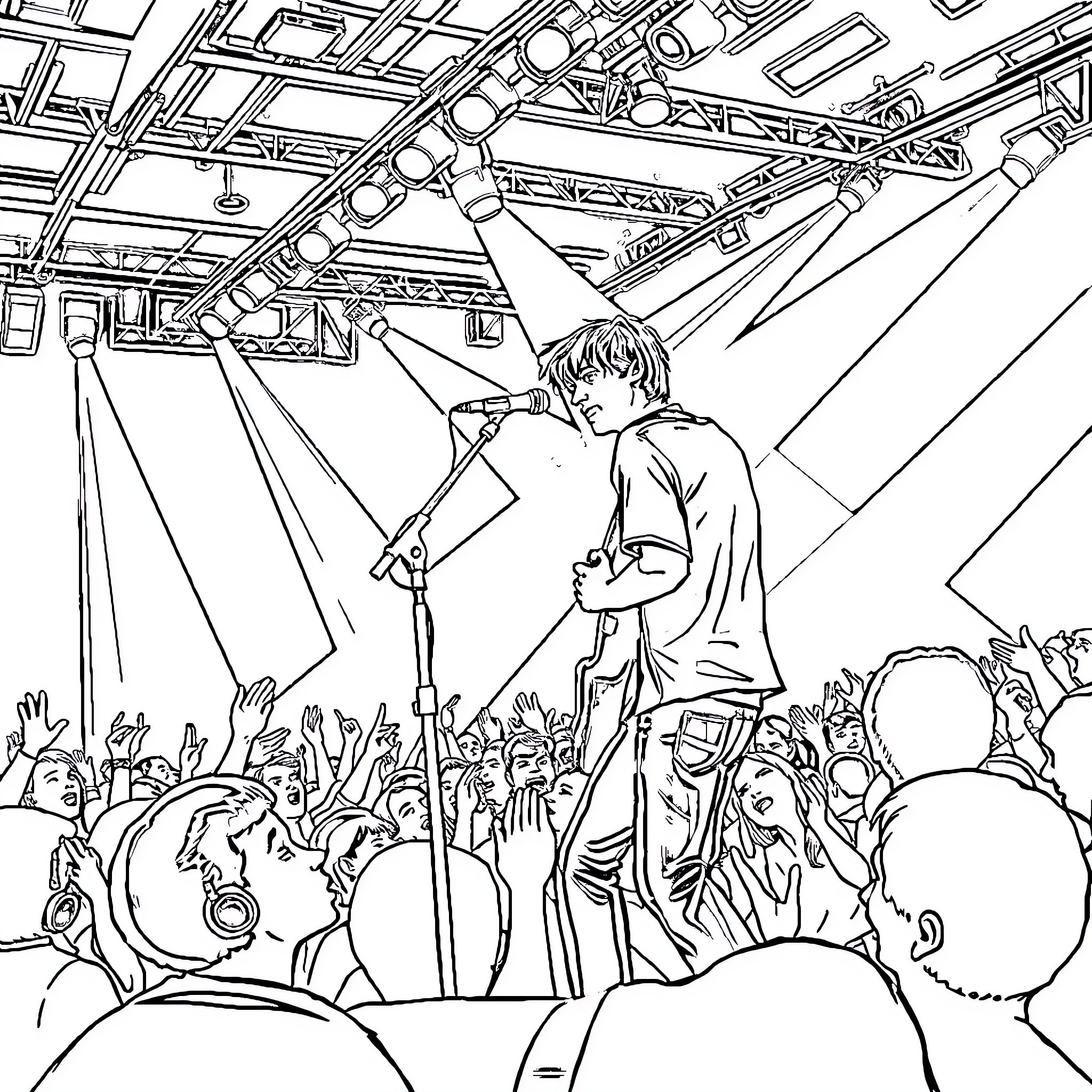Alex Turner Performing on Stage with Crowd Coloring Page (free black-and-white line drawing printable PDF for all, from beginners to advanced learners, including children, teens, adults, and seniors)