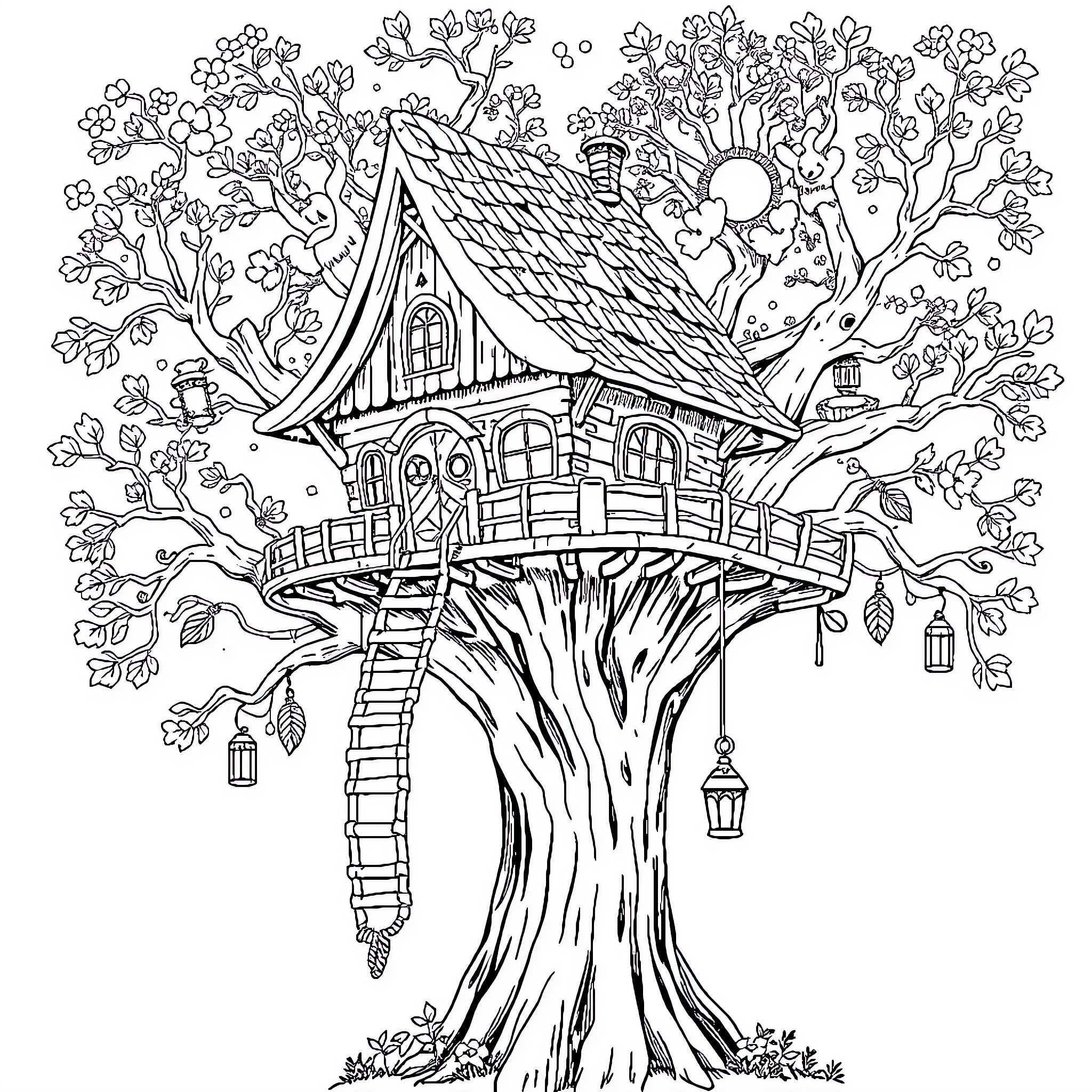 Tree House with Whimsical Details and Enchanted Setting Coloring Page (free black-and-white line drawing printable PDF for all, from beginners to advanced learners, including children, teens, adults, and seniors)