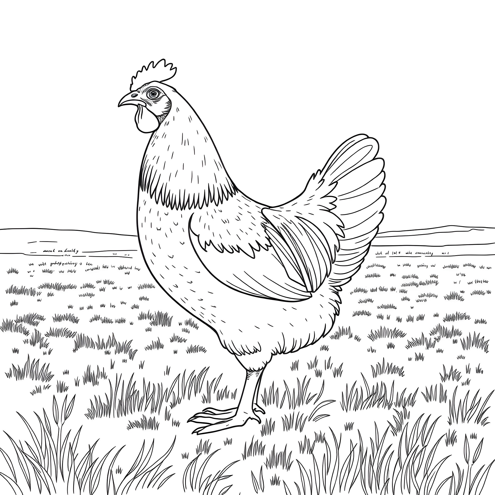 Hen strutting proudly in the grassy field Coloring Page (free black-and-white line drawing printable PDF for all, from beginners to advanced learners, including children, teens, adults, and seniors)