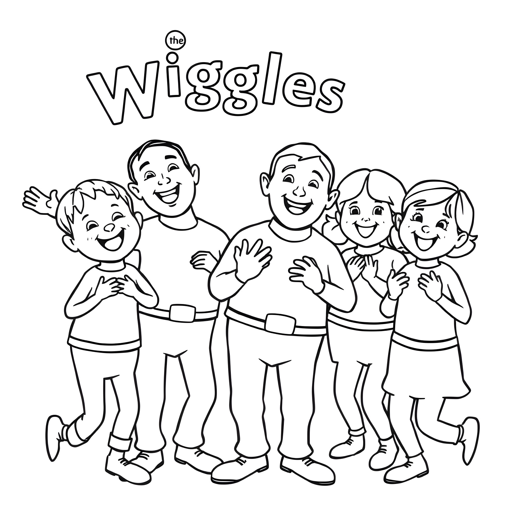 The Wiggles performing together happily Coloring Page (free black-and-white line drawing printable PDF for all, from beginners to advanced learners, including children, teens, adults, and seniors)