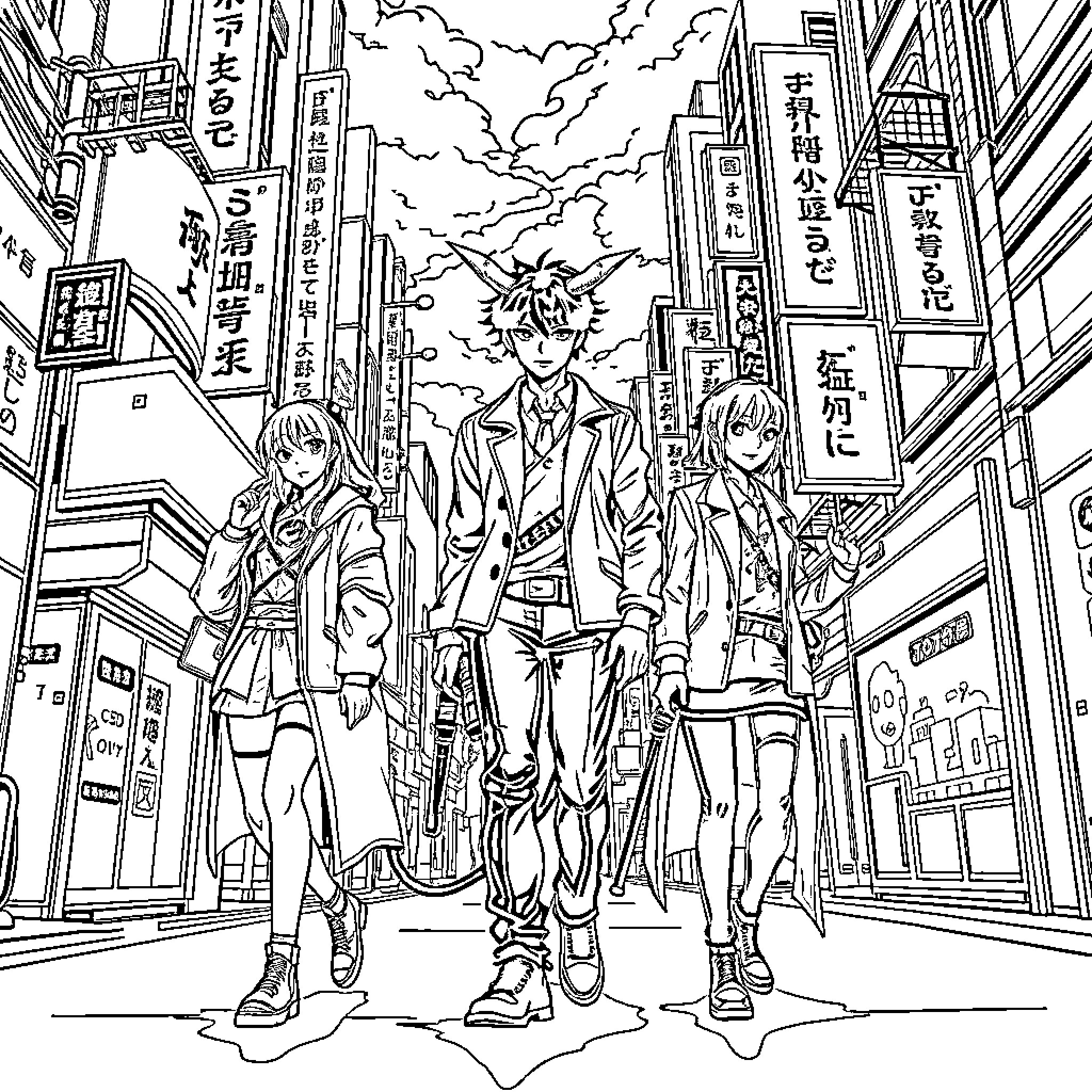 Demon Hunter and Companions Explore Mysterious City Coloring Page (free black-and-white line drawing printable PDF for all, from beginners to advanced learners, including children, teens, adults, and seniors)