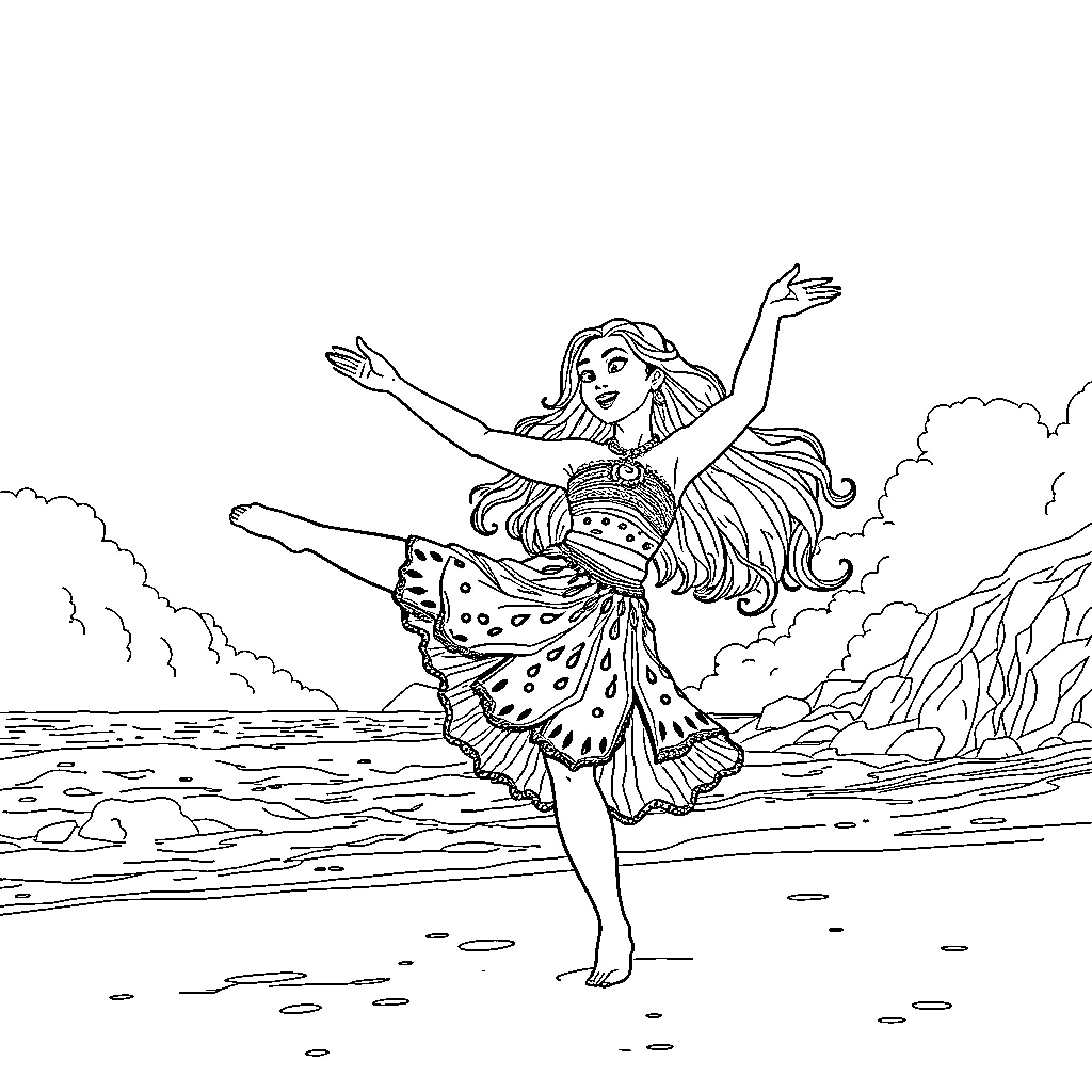Moana dancing joyfully on the beach Coloring Page (free black-and-white line drawing printable PDF for all, from beginners to advanced learners, including children, teens, adults, and seniors)