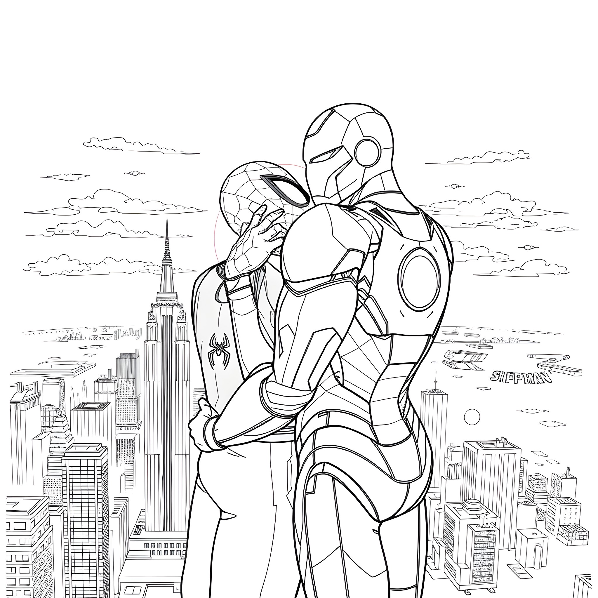 Spider-Man Heroically Swinging Above the City Coloring Page (free black-and-white line drawing printable PDF for all, from beginners to advanced learners, including children, teens, adults, and seniors)