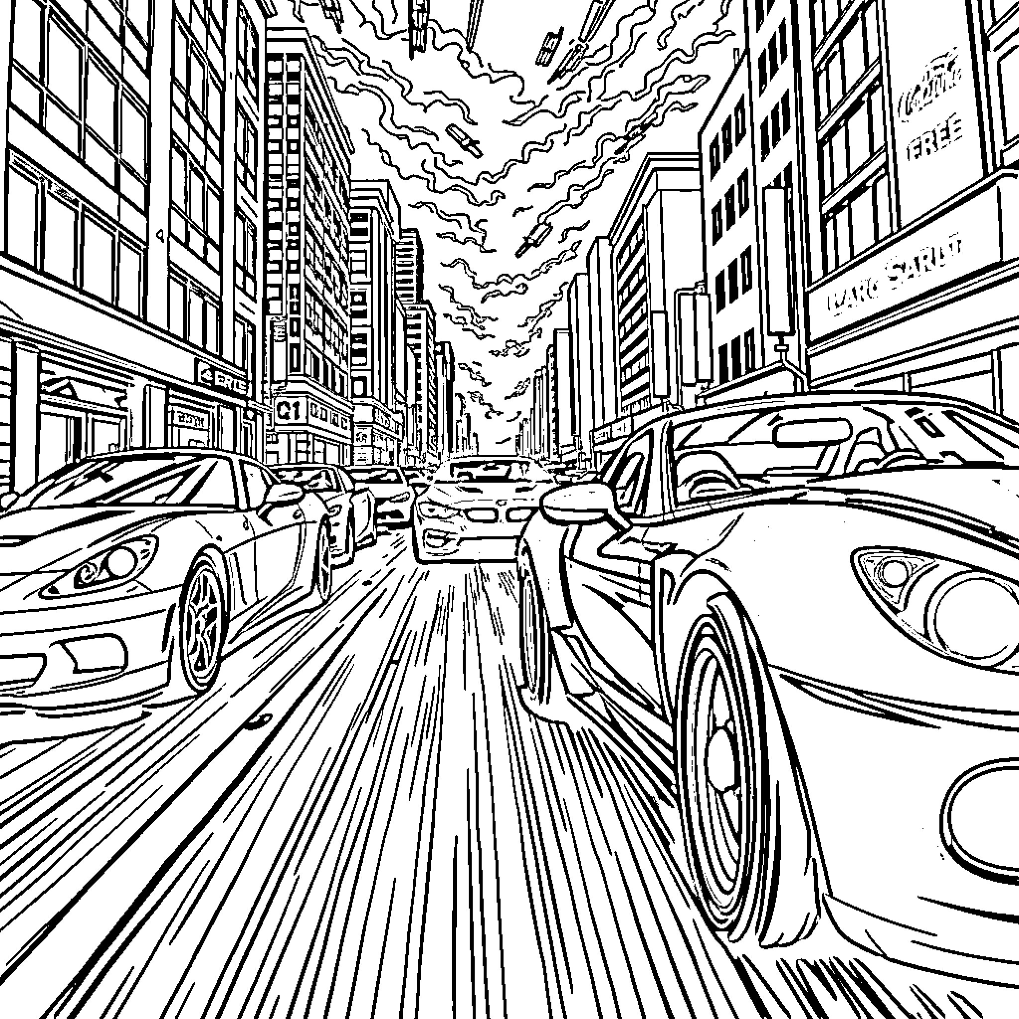 Race Car Speed in the City Streets Coloring Page (free black-and-white line drawing printable PDF for all, from beginners to advanced learners, including children, teens, adults, and seniors)