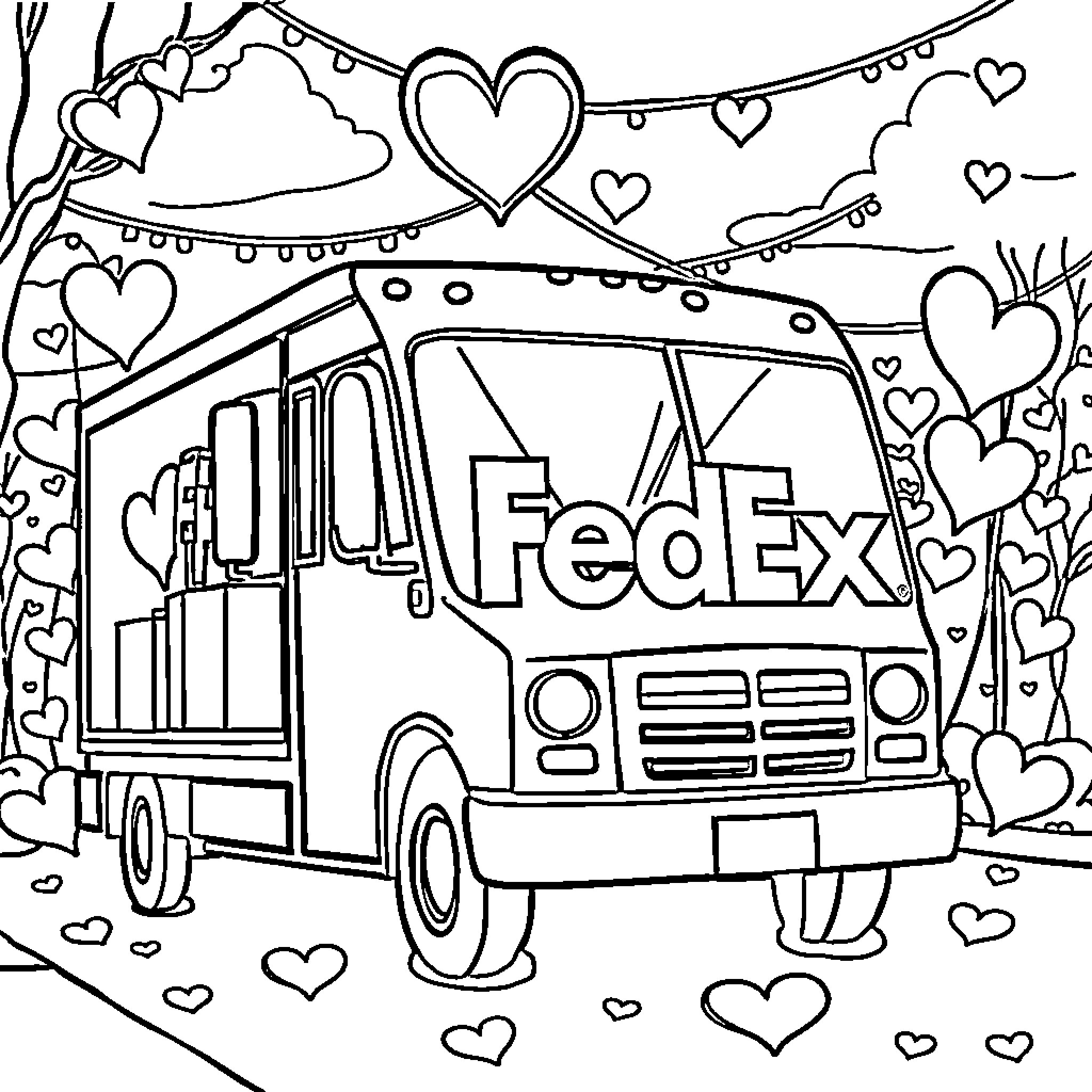 Truck delivering packages with hearts and decorations Coloring Page (free black-and-white line drawing printable PDF for all, from beginners to advanced learners, including children, teens, adults, and seniors)