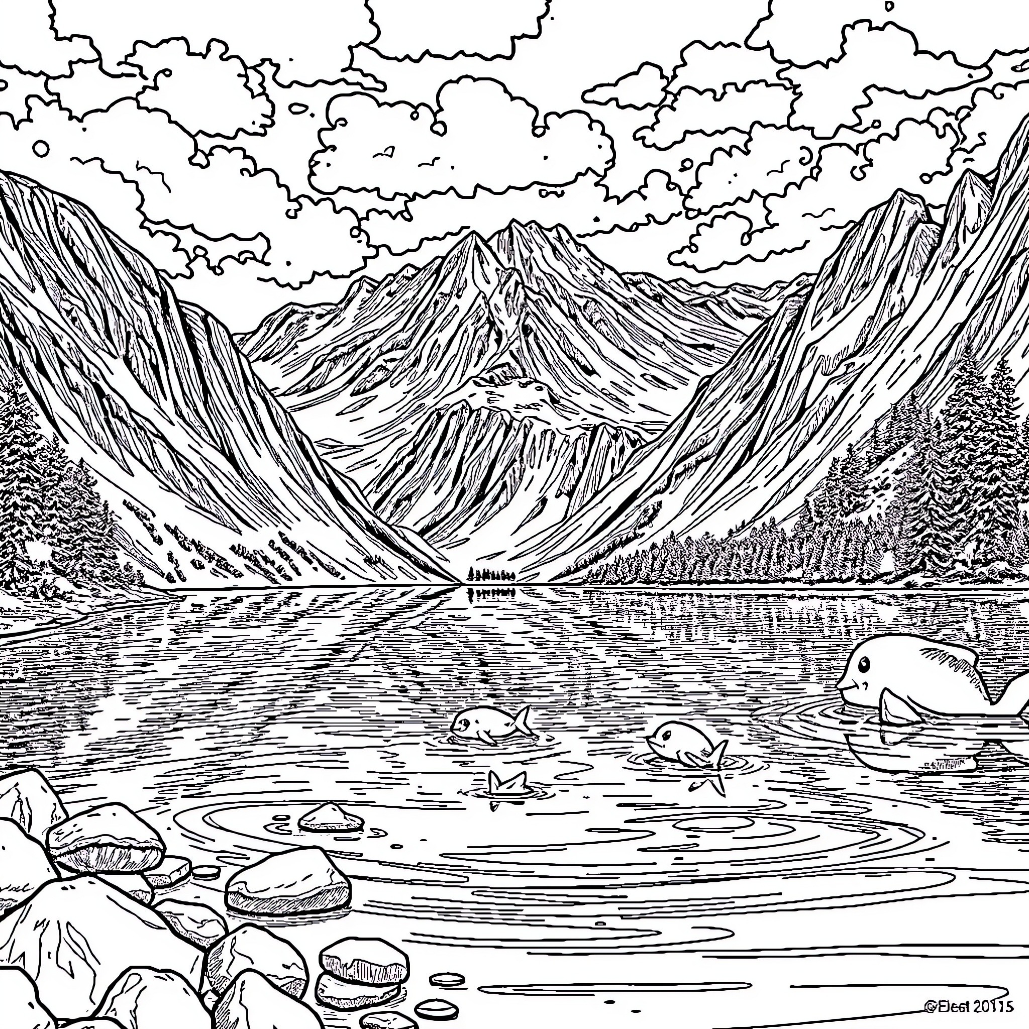 Crater Lake with scenic mountains and wildlife Coloring Page (free black-and-white line drawing printable PDF for all, from beginners to advanced learners, including children, teens, adults, and seniors)