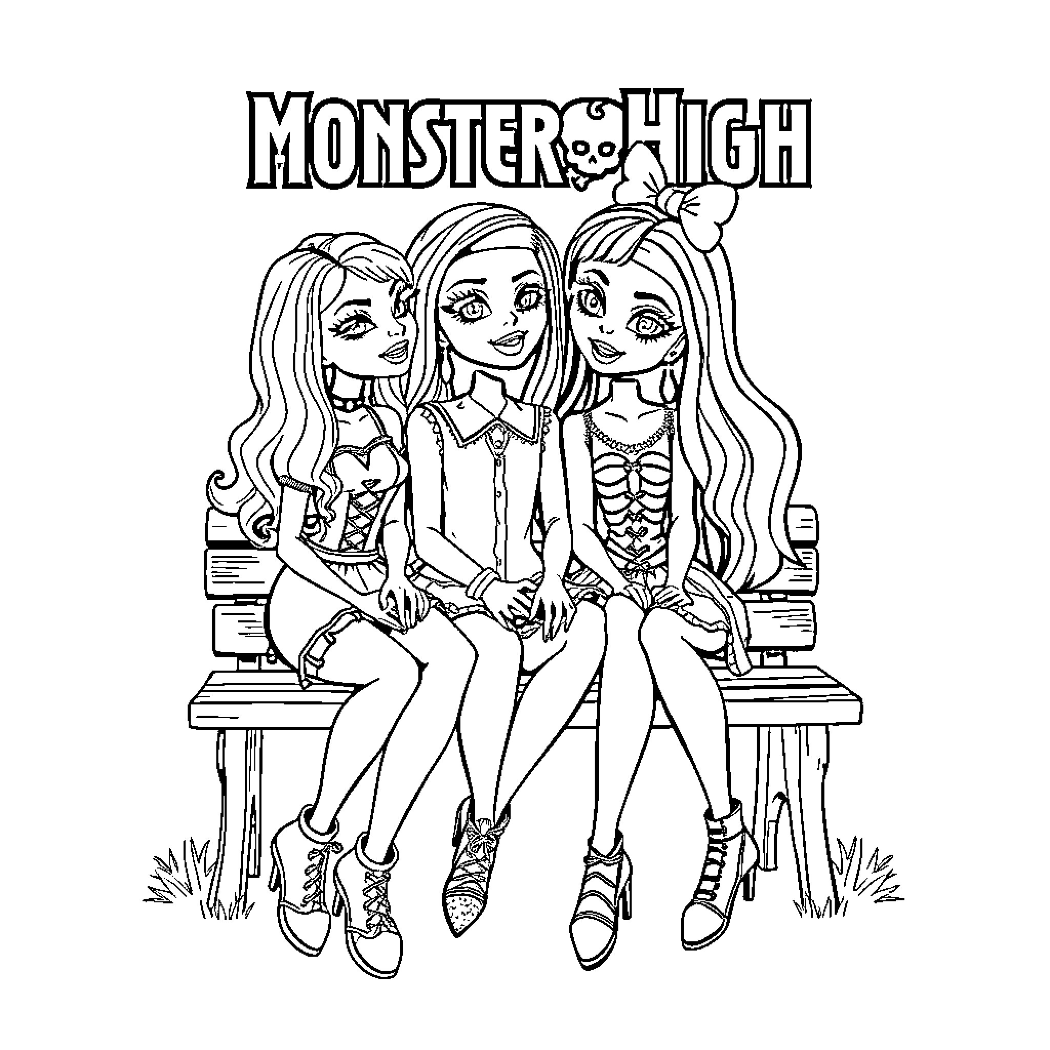Monster High friends posing together Coloring Page (free black-and-white line drawing printable PDF for all, from beginners to advanced learners, including children, teens, adults, and seniors)