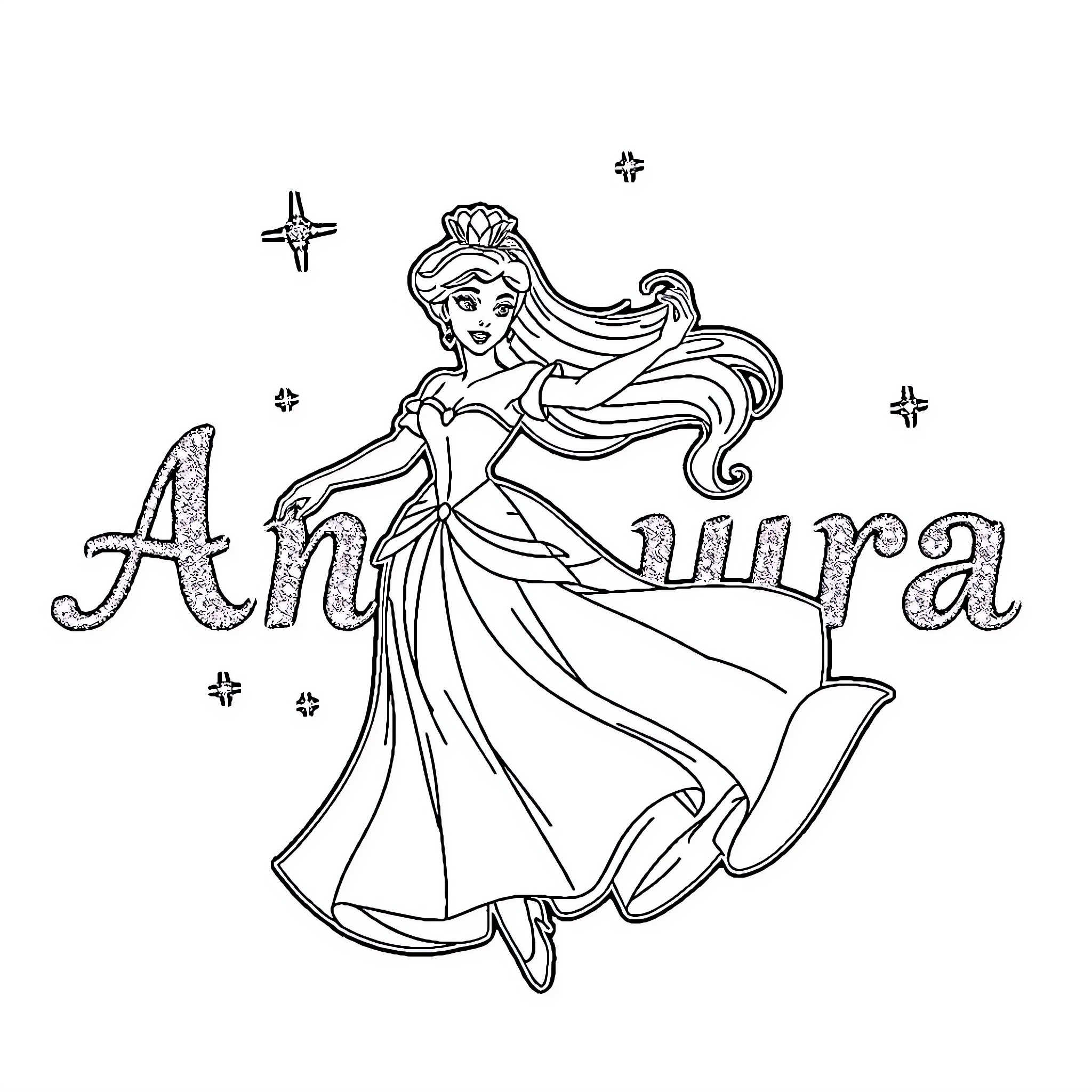 Princess Aurora Gracefully Dancing in Her Dress Coloring Page (free black-and-white line drawing printable PDF for all, from beginners to advanced learners, including children, teens, adults, and seniors)