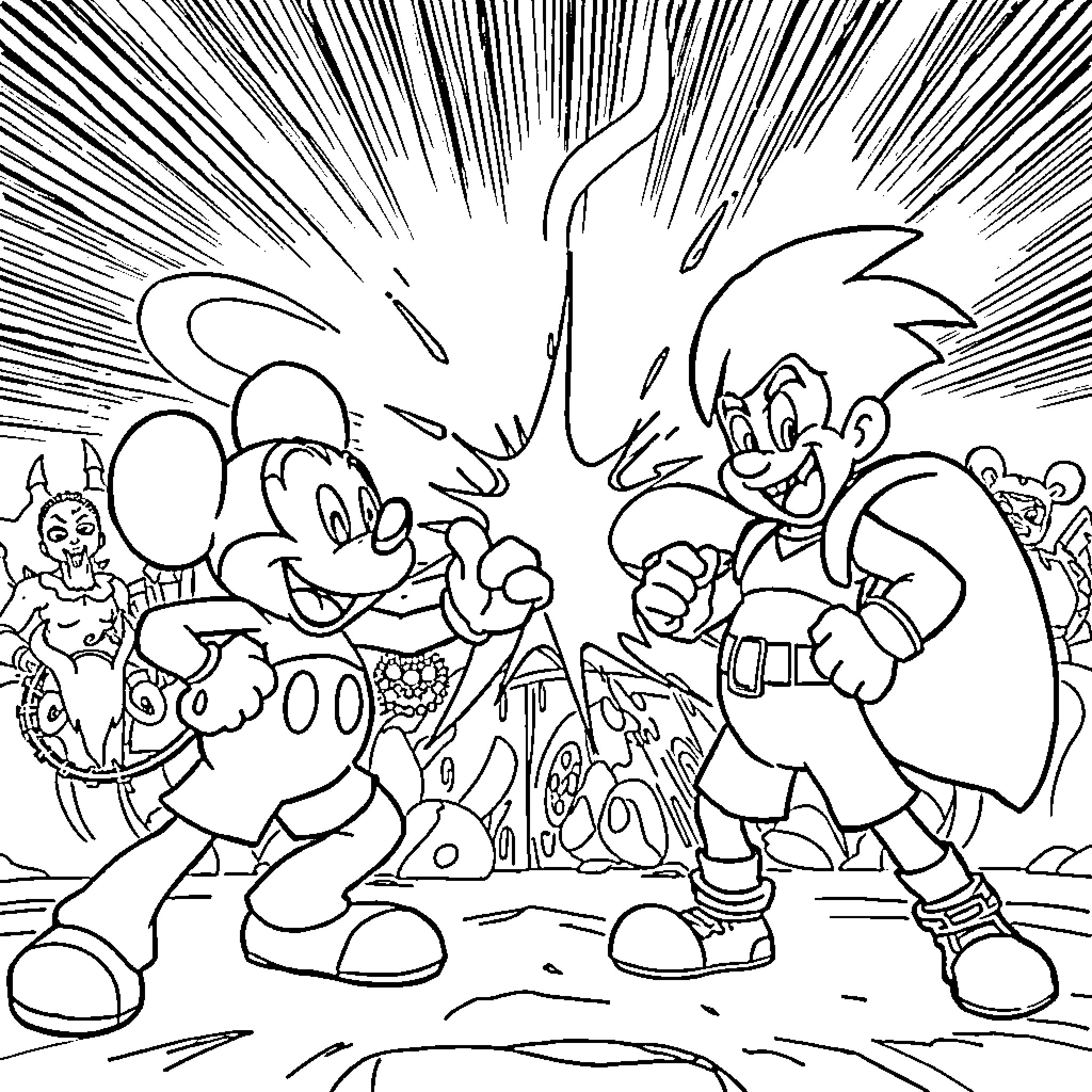 Character Battle Scene with Animated Heroes Coloring Page (free black-and-white line drawing printable PDF for all, from beginners to advanced learners, including children, teens, adults, and seniors)