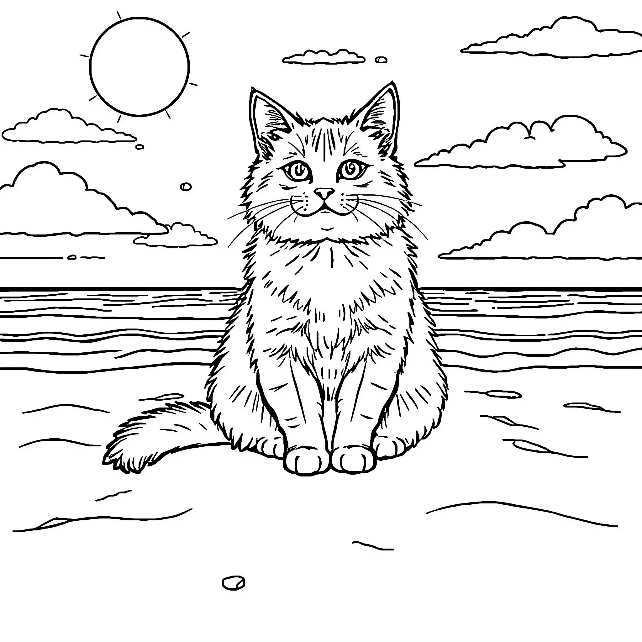 Cat relaxing on the beach with a scenic view Coloring Page (free black-and-white line drawing printable PDF for all, from beginners to advanced learners, including children, teens, adults, and seniors)