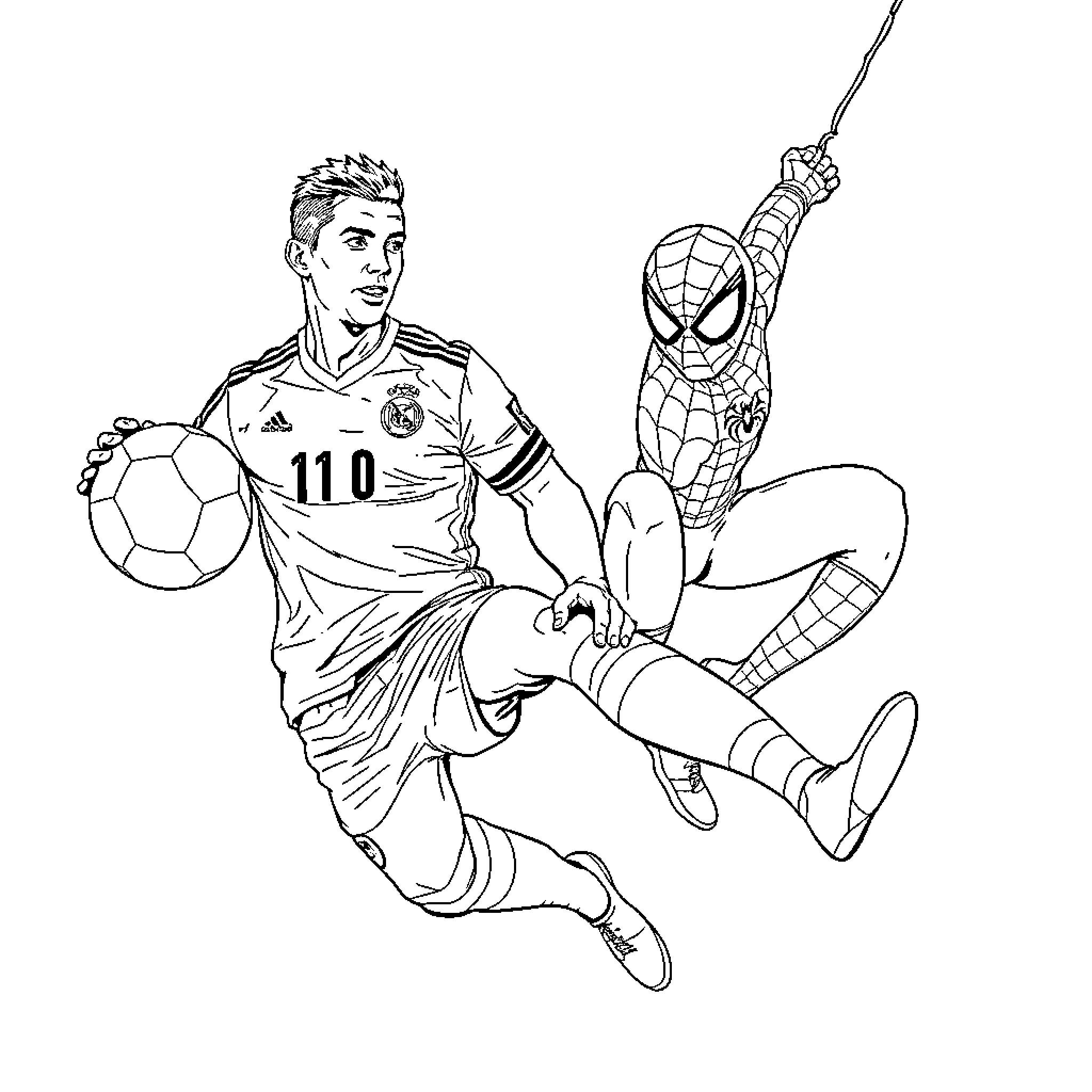 Cristiano Ronaldo playing football with Spiderman Coloring Page (free black-and-white line drawing printable PDF for all, from beginners to advanced learners, including children, teens, adults, and seniors)