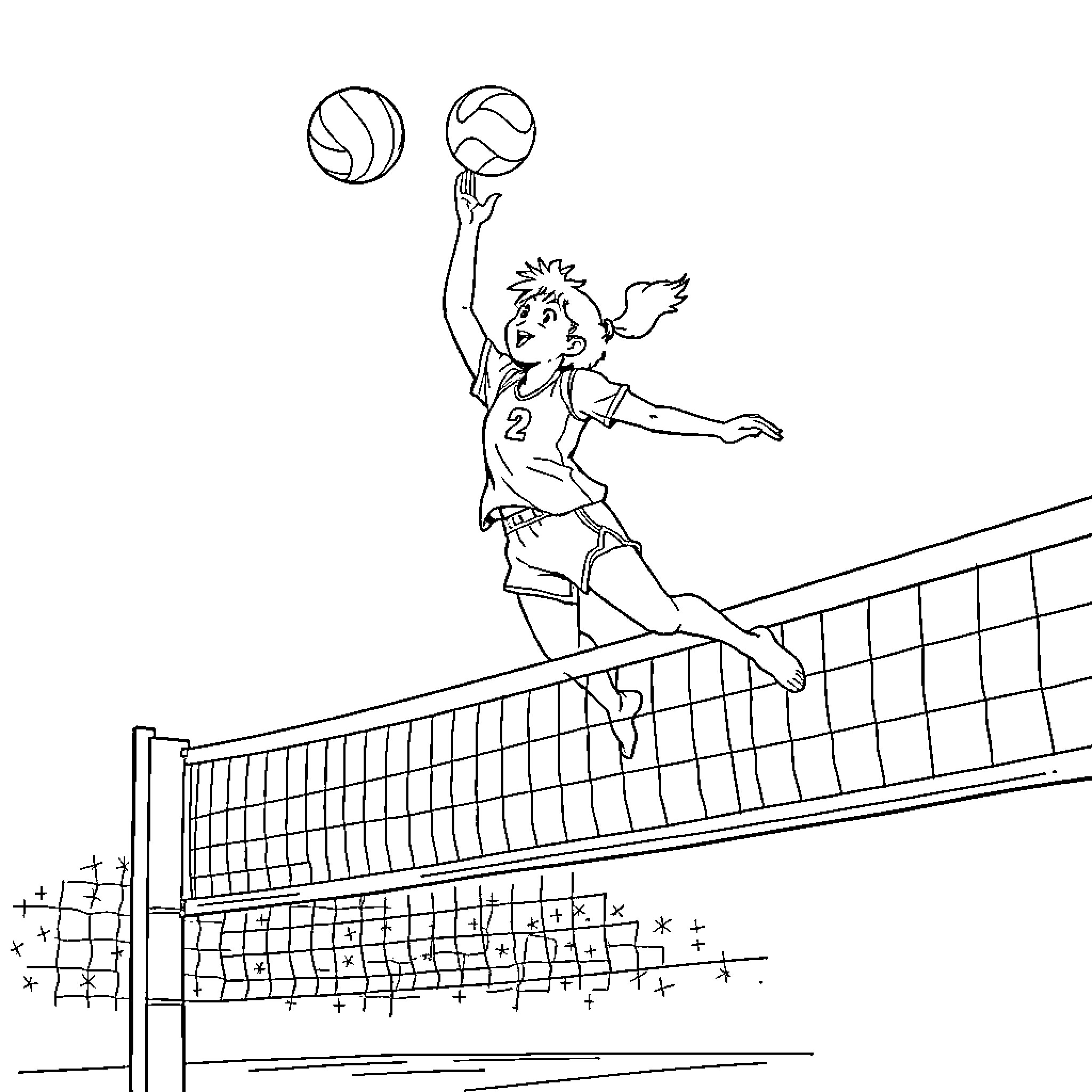 Komi girl playing volleyball on the court Coloring Page (free black-and-white line drawing printable PDF for all, from beginners to advanced learners, including children, teens, adults, and seniors)
