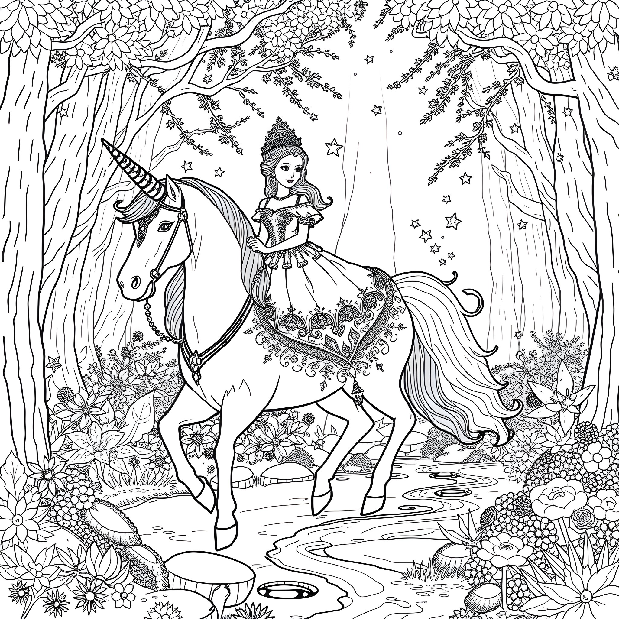 Princess Riding a Magical Unicorn in the Enchanted Forest Coloring Page (free black-and-white line drawing printable PDF for all, from beginners to advanced learners, including children, teens, adults, and seniors)