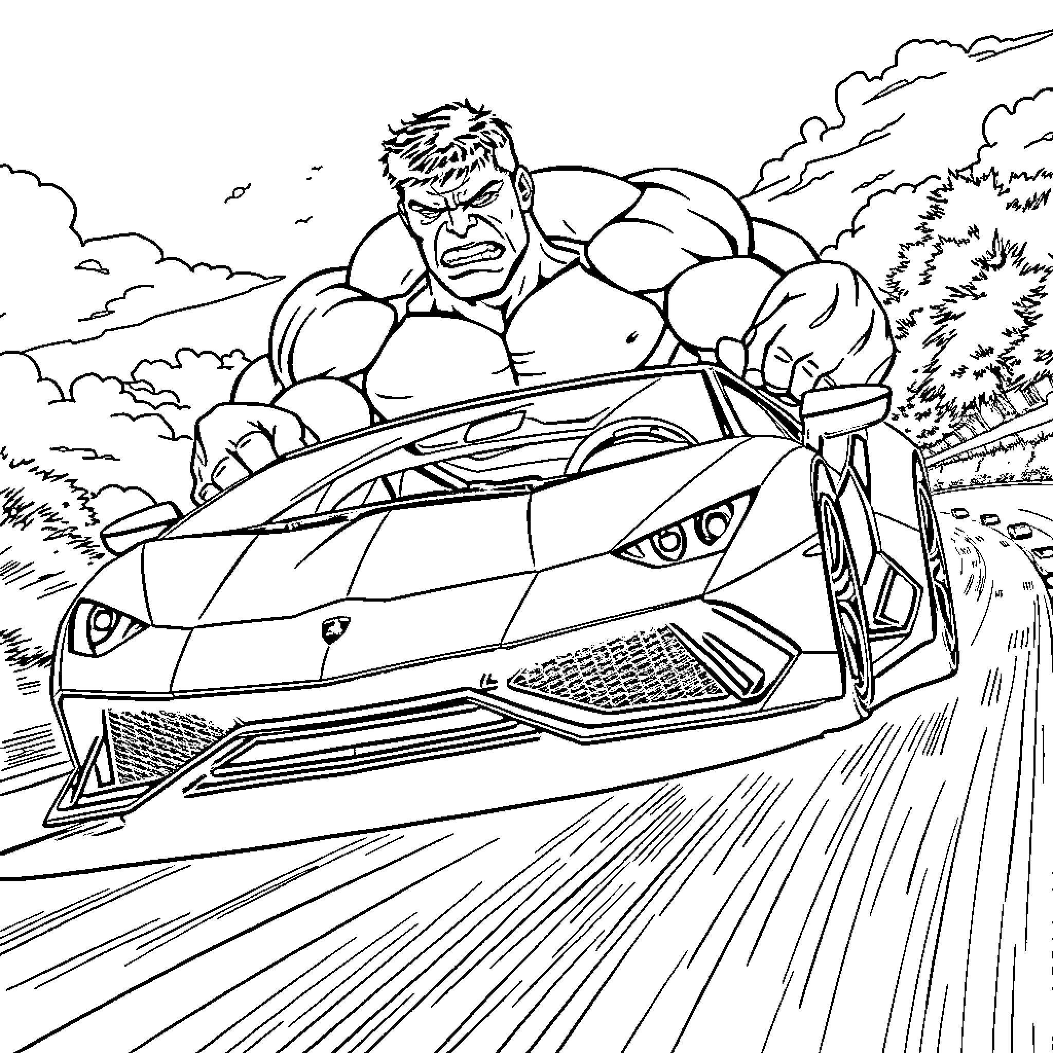 Hulk driving a high-speed sports car through the countryside Coloring Page (free black-and-white line drawing printable PDF for all, from beginners to advanced learners, including children, teens, adults, and seniors)