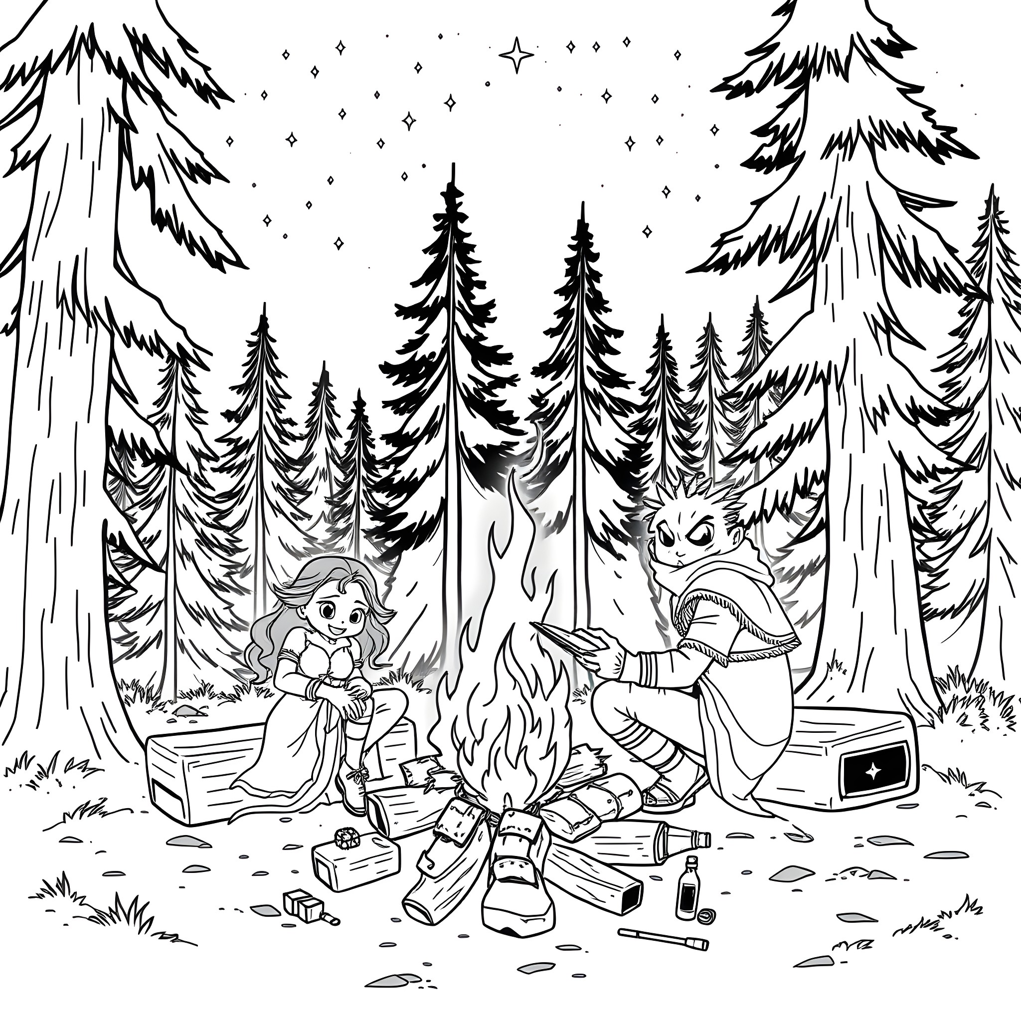 Yasha's Winter Camping Adventure Coloring Page (free black-and-white line drawing printable PDF for all, from beginners to advanced learners, including children, teens, adults, and seniors)