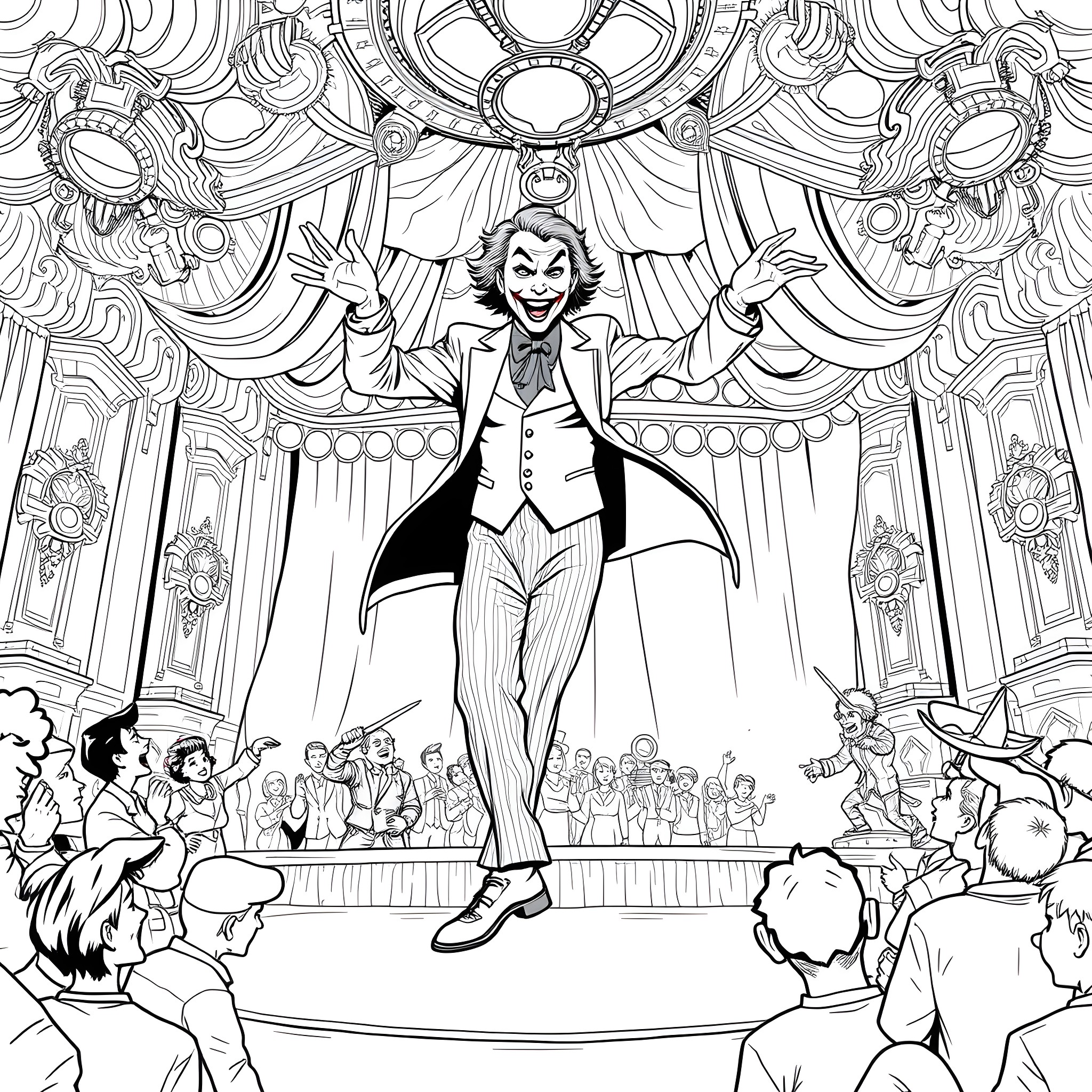 Joker's Theatrical Performance Coloring Page (free black-and-white line drawing printable PDF for all, from beginners to advanced learners, including children, teens, adults, and seniors)