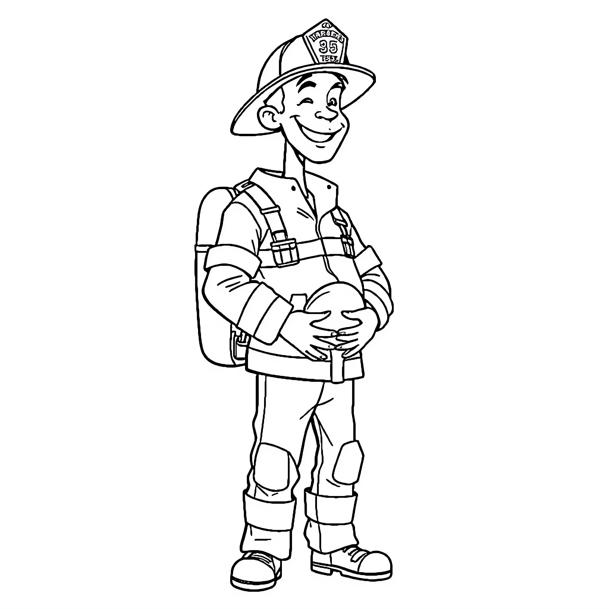 Fireman smiling in uniform with protective gear Coloring Page (free black-and-white line drawing printable PDF for all, from beginners to advanced learners, including children, teens, adults, and seniors)