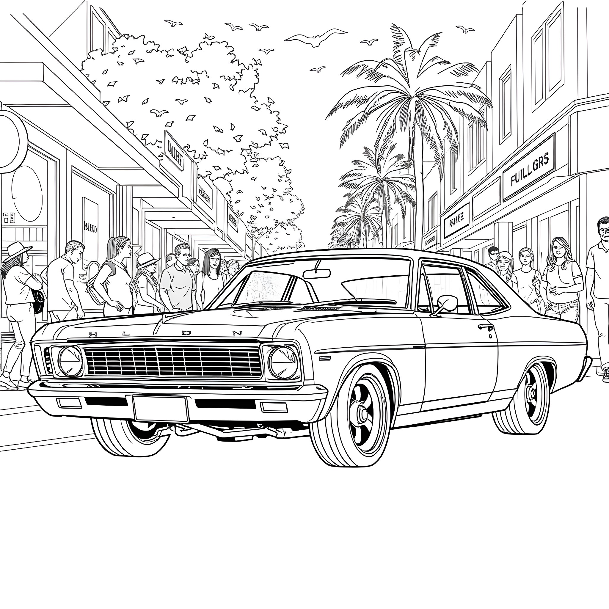 Holden VN car on a city street with people Coloring Page (free black-and-white line drawing printable PDF for all, from beginners to advanced learners, including children, teens, adults, and seniors)