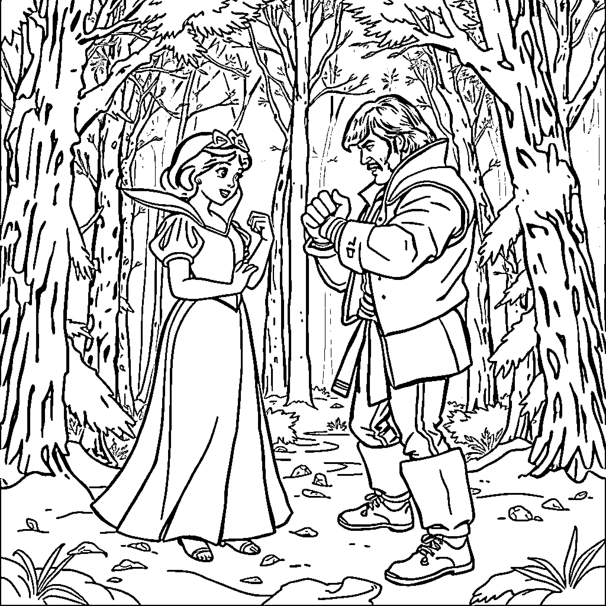 Snow White's Enchanted Forest Encounter Coloring Page (free black-and-white line drawing printable PDF for all, from beginners to advanced learners, including children, teens, adults, and seniors)