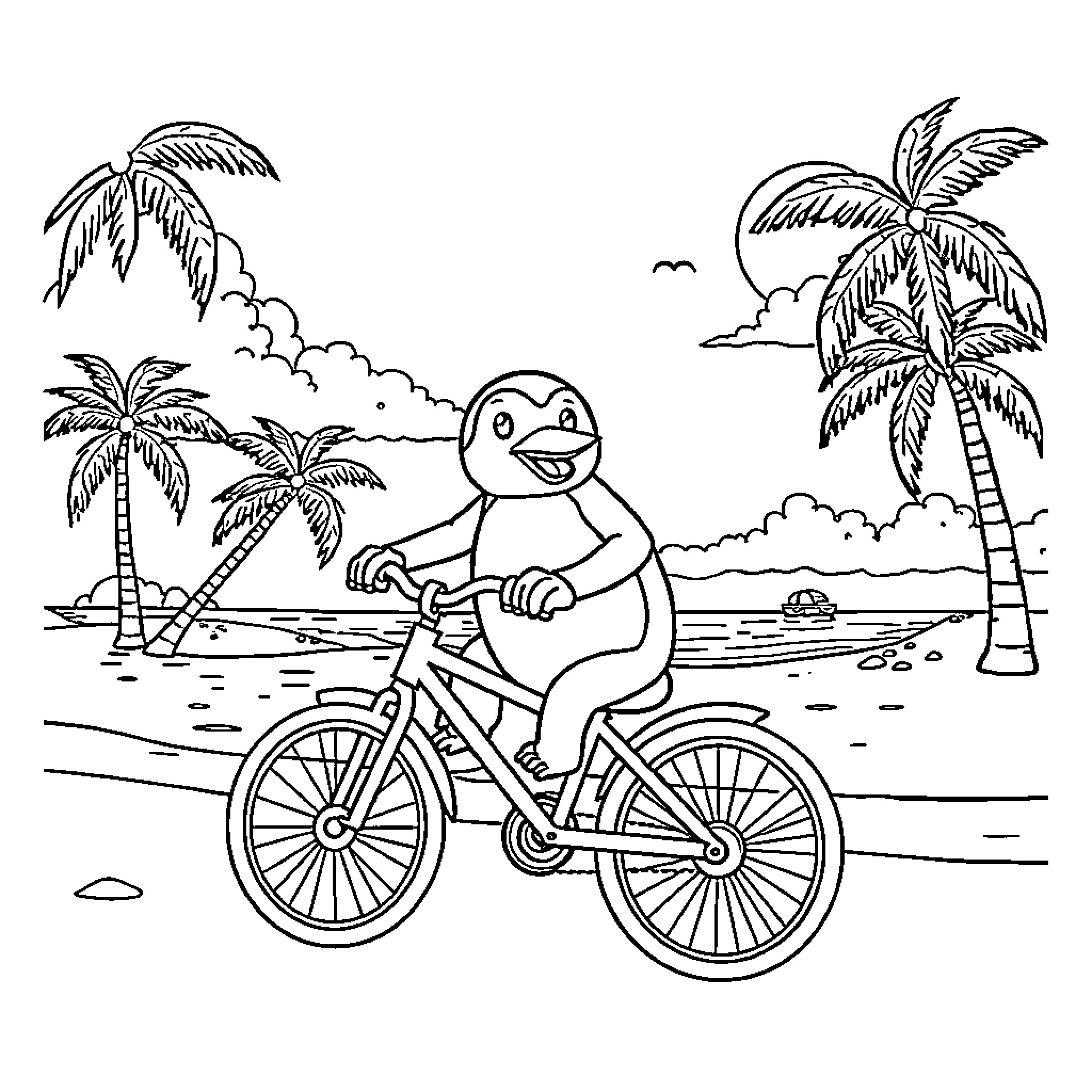 Penguin enjoying a bicycle ride on a tropical beach Coloring Page (free black-and-white line drawing printable PDF for all, from beginners to advanced learners, including children, teens, adults, and seniors)