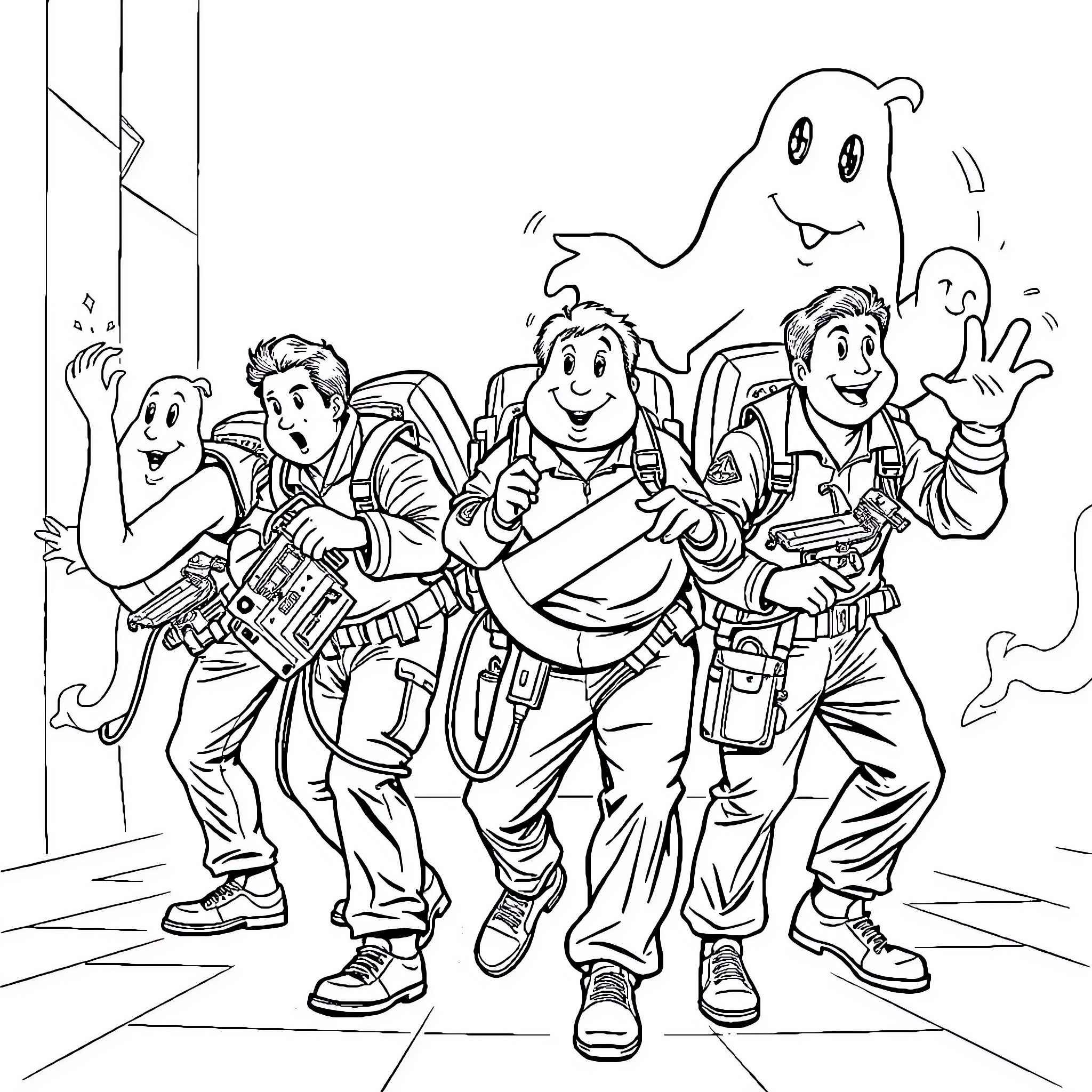 Ghostbusters squad ready for action Coloring Page (free black-and-white line drawing printable PDF for all, from beginners to advanced learners, including children, teens, adults, and seniors)